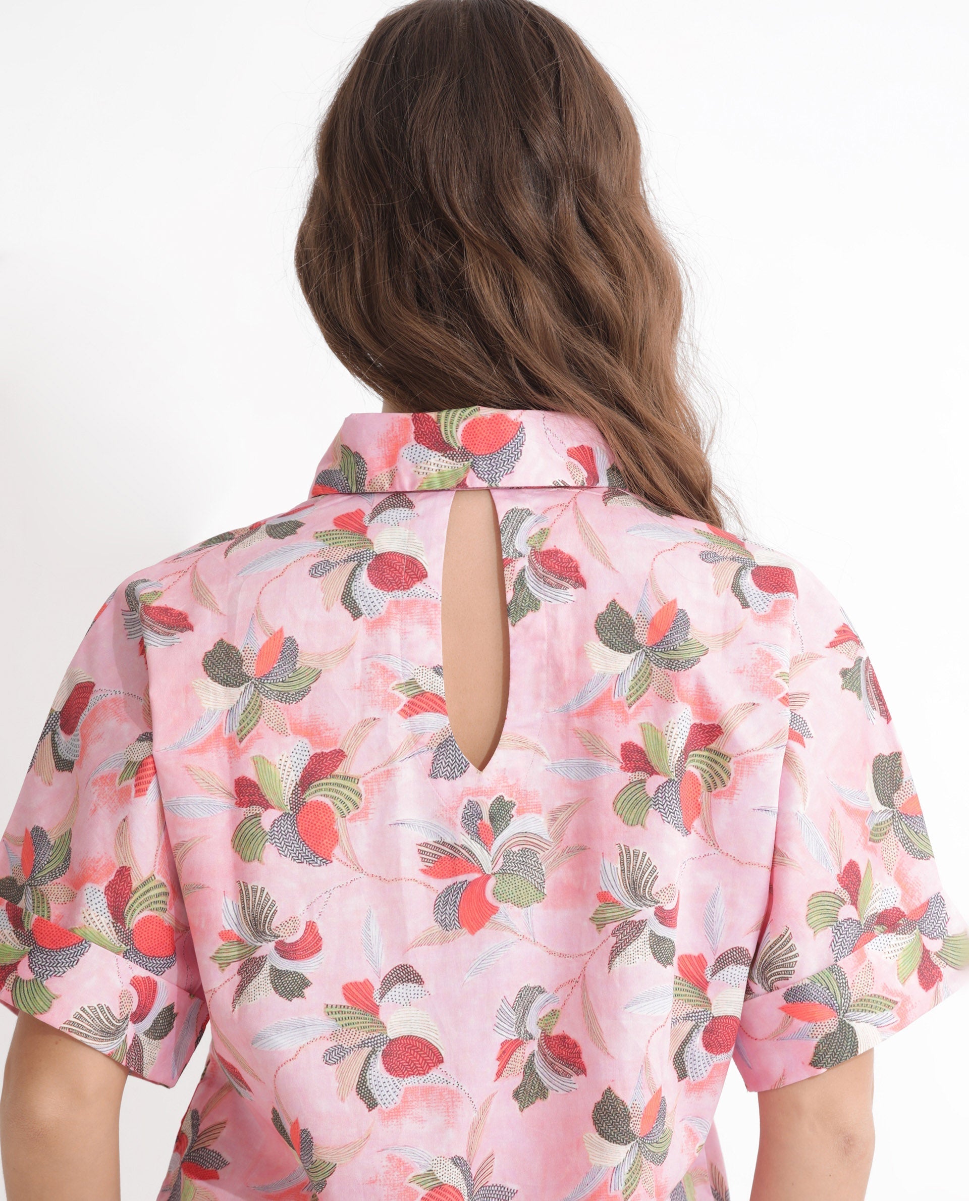 Rareism Women's Kentoy-T Light Pink Cotton Spread Collar Floral Print Extended Sleeves Regular Fit Top