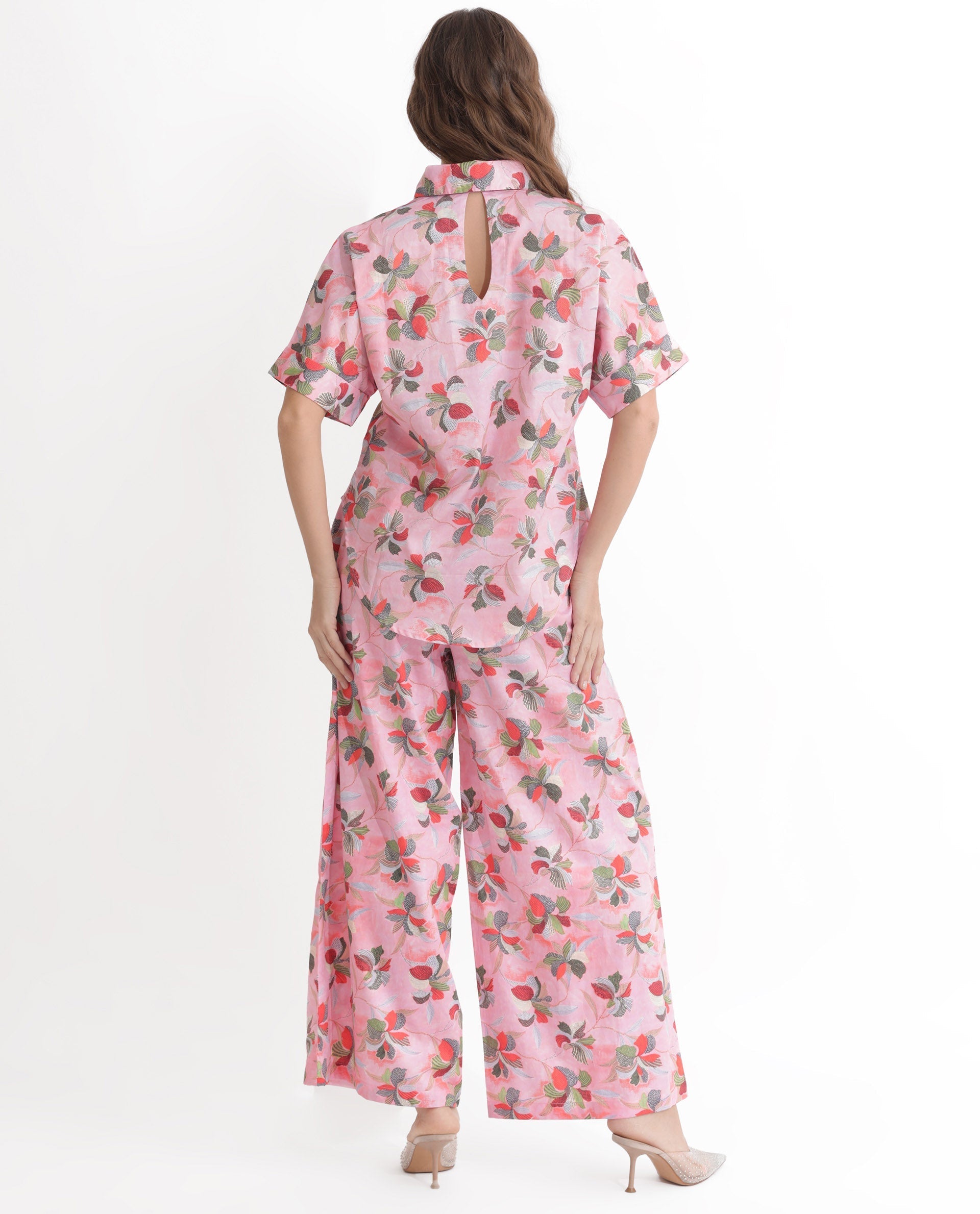 Rareism Women's Kentoy-T Light Pink Cotton Spread Collar Floral Print Extended Sleeves Regular Fit Top