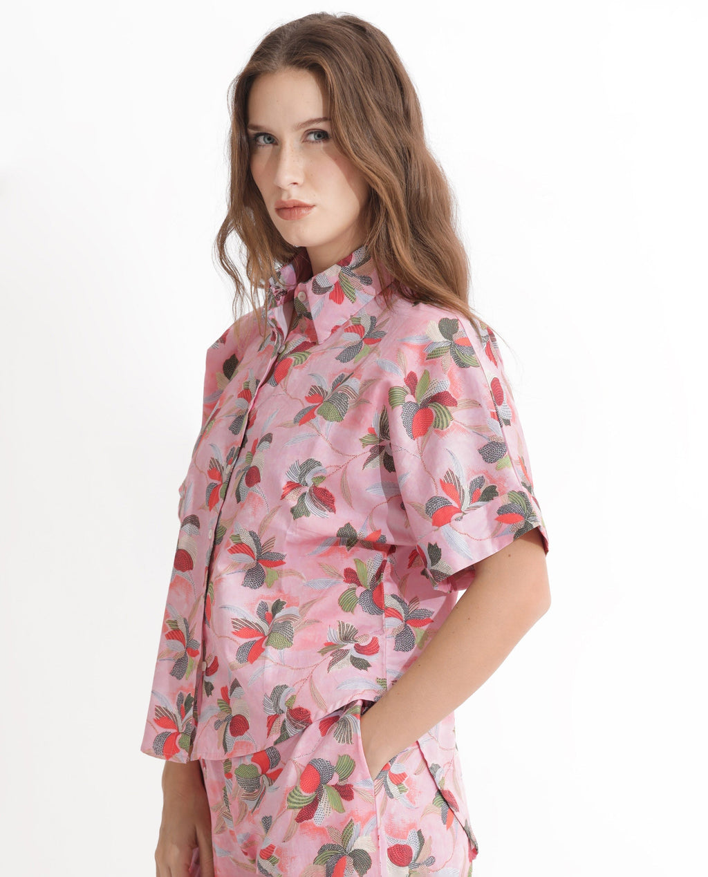 Rareism Women's Kentoy-T Light Pink Cotton Spread Collar Floral Print Extended Sleeves Regular Fit Top