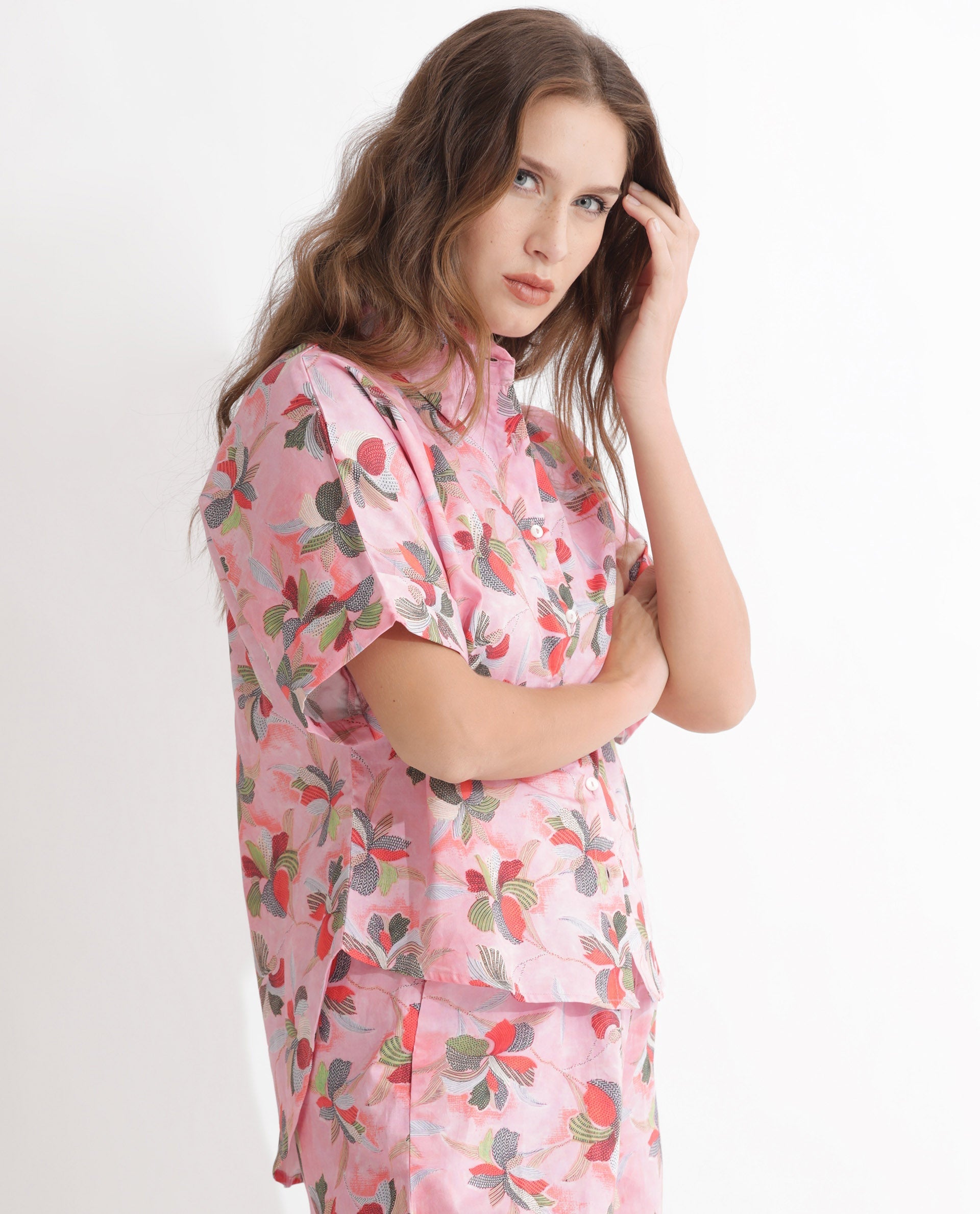 Rareism Women's Kentoy-T Light Pink Cotton Spread Collar Floral Print Extended Sleeves Regular Fit Top