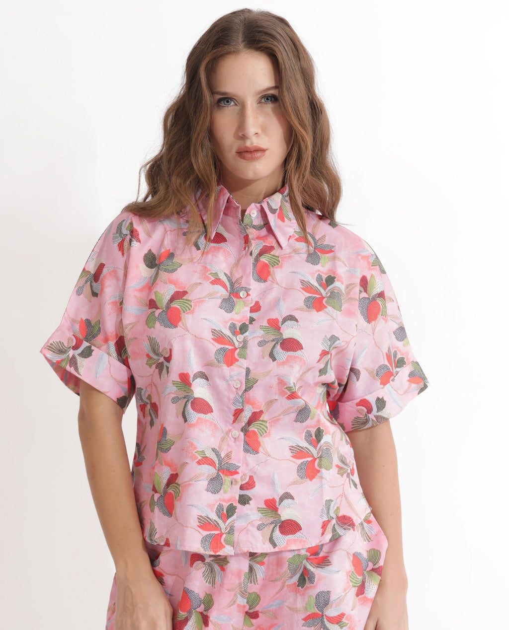 Rareism Women's Kentoy-T Light Pink Cotton Spread Collar Floral Print Extended Sleeves Regular Fit Top