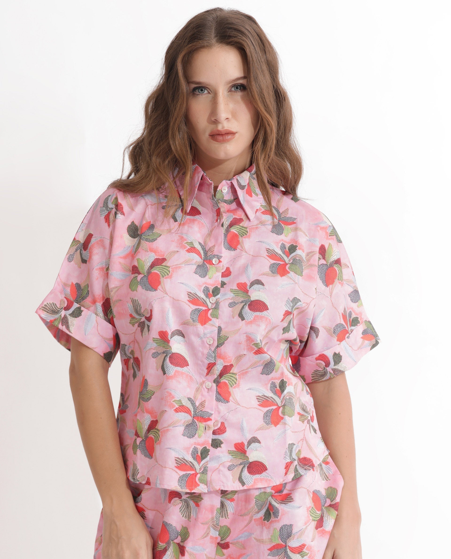 Rareism Women's Kentoy-T Light Pink Cotton Spread Collar Floral Print Extended Sleeves Regular Fit Top
