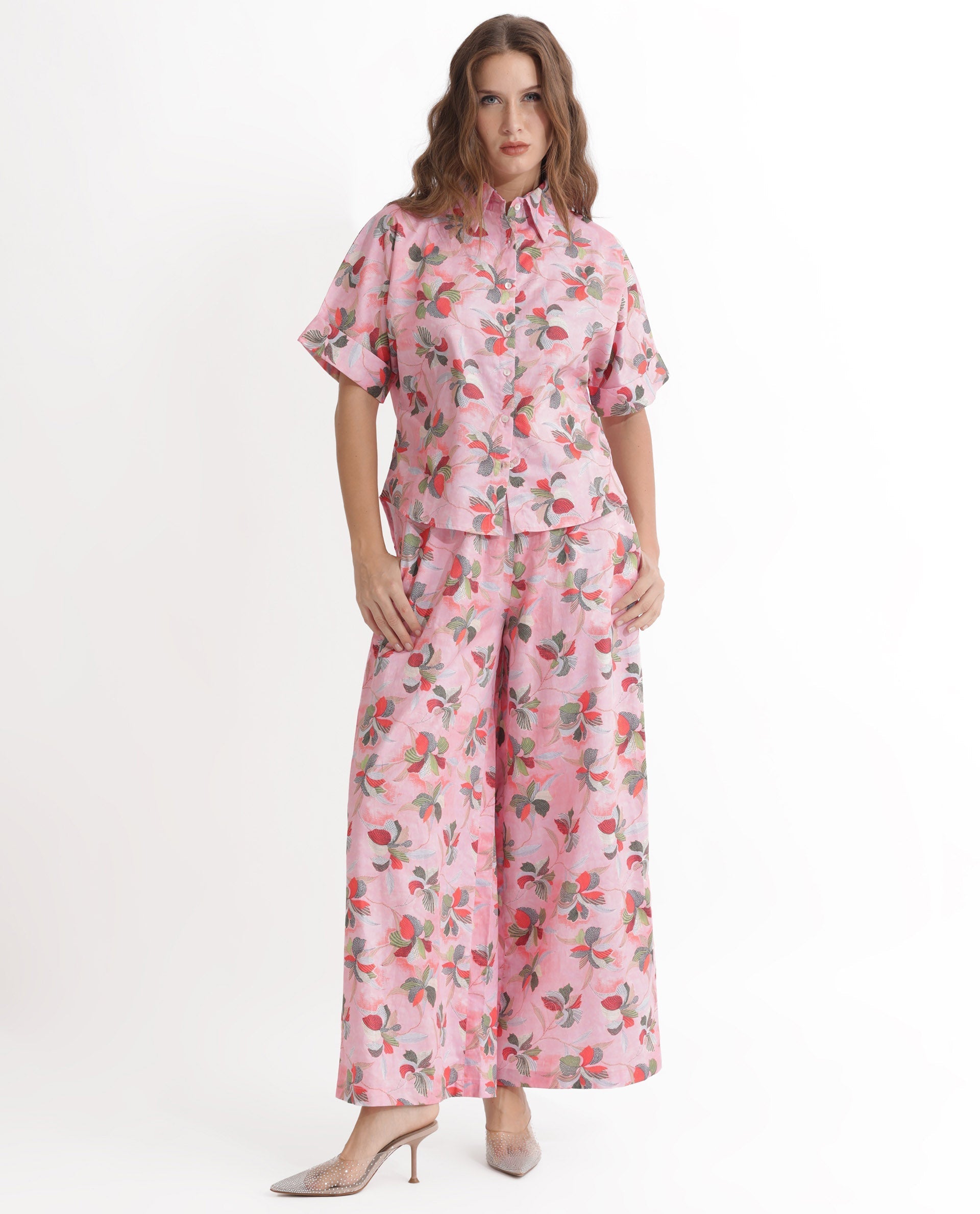 Rareism Women's Kentoy-T Light Pink Cotton Spread Collar Floral Print Extended Sleeves Regular Fit Top