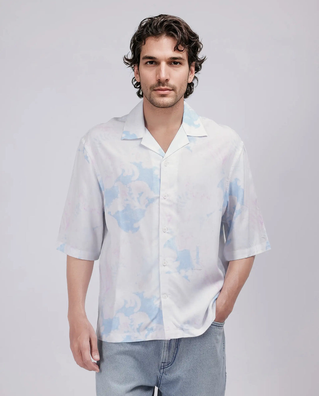 Rare Rabbit Men's Ken White Viscose Abstract Print Boxy Fit Half Sleeve Cuban Collar Shirt