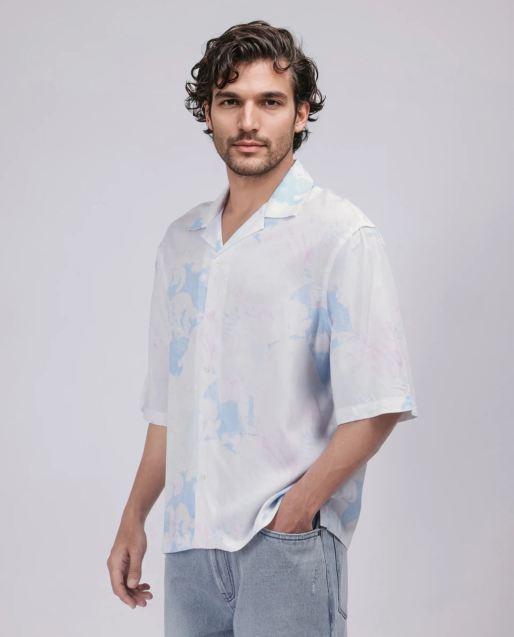 Rare Rabbit Men's Ken White Viscose Abstract Print Boxy Fit Half Sleeve Cuban Collar Shirt