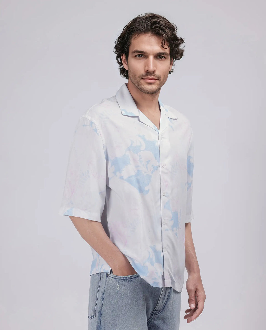 Rare Rabbit Men's Ken White Viscose Abstract Print Boxy Fit Half Sleeve Cuban Collar Shirt