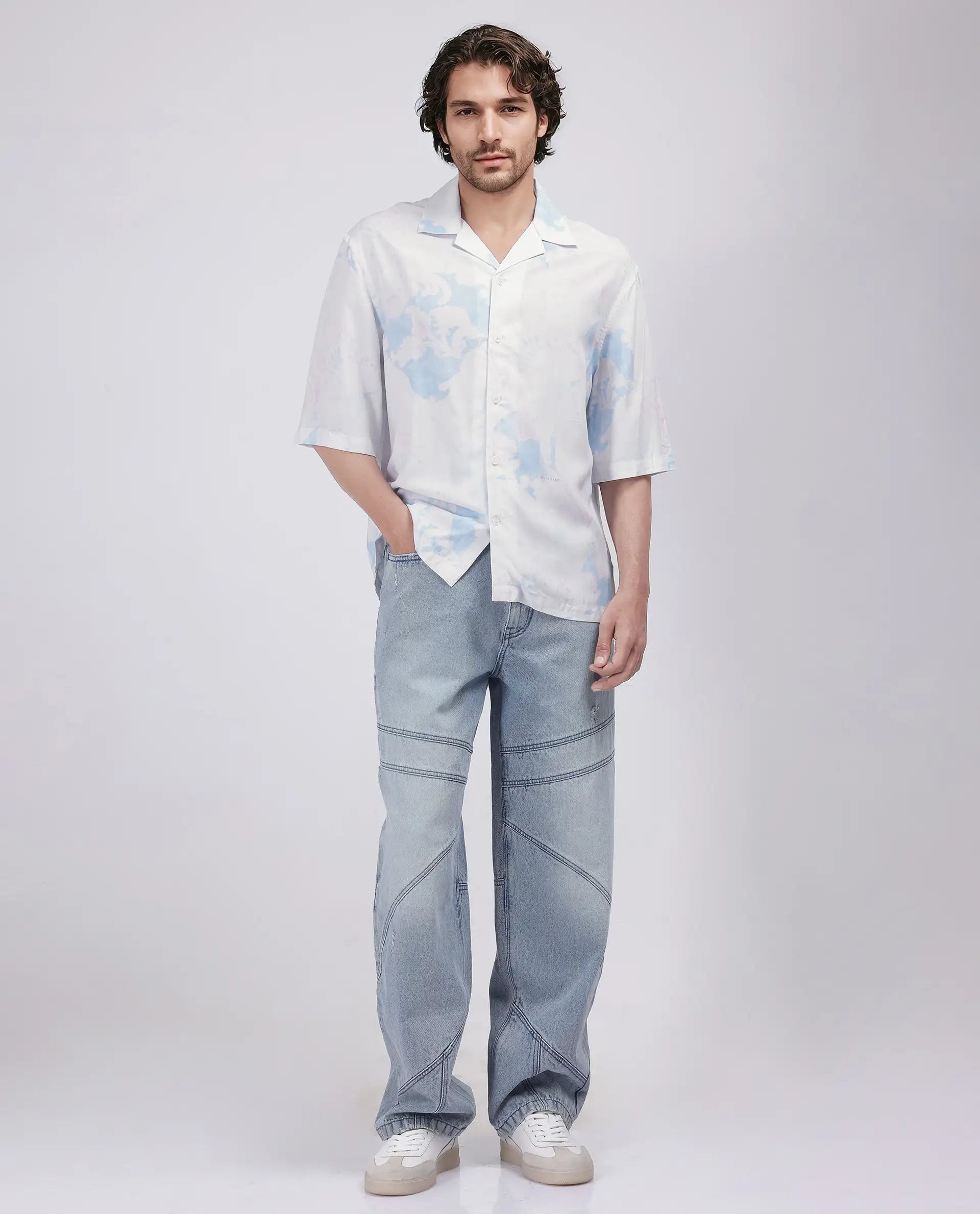 Rare Rabbit Men's Ken White Viscose Abstract Print Boxy Fit Half Sleeve Cuban Collar Shirt