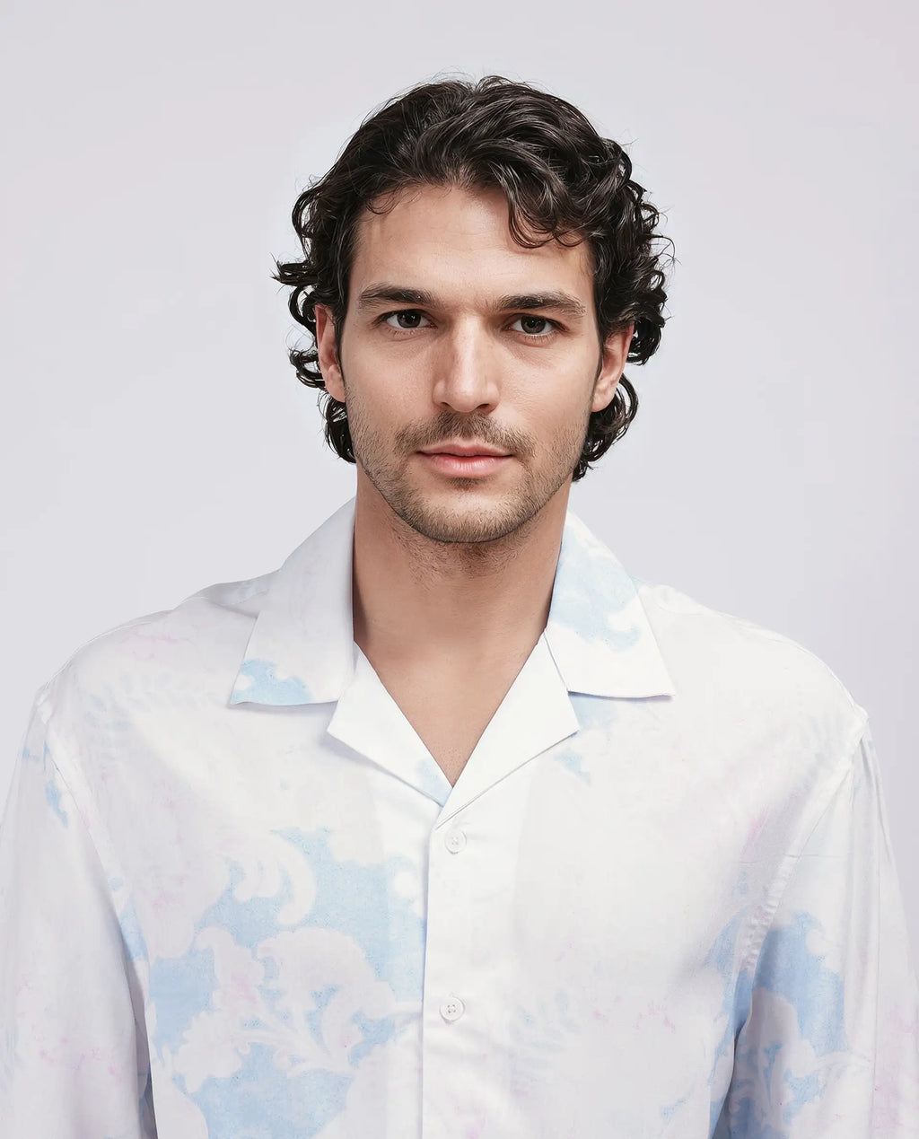 Rare Rabbit Men's Ken White Viscose Abstract Print Boxy Fit Half Sleeve Cuban Collar Shirt