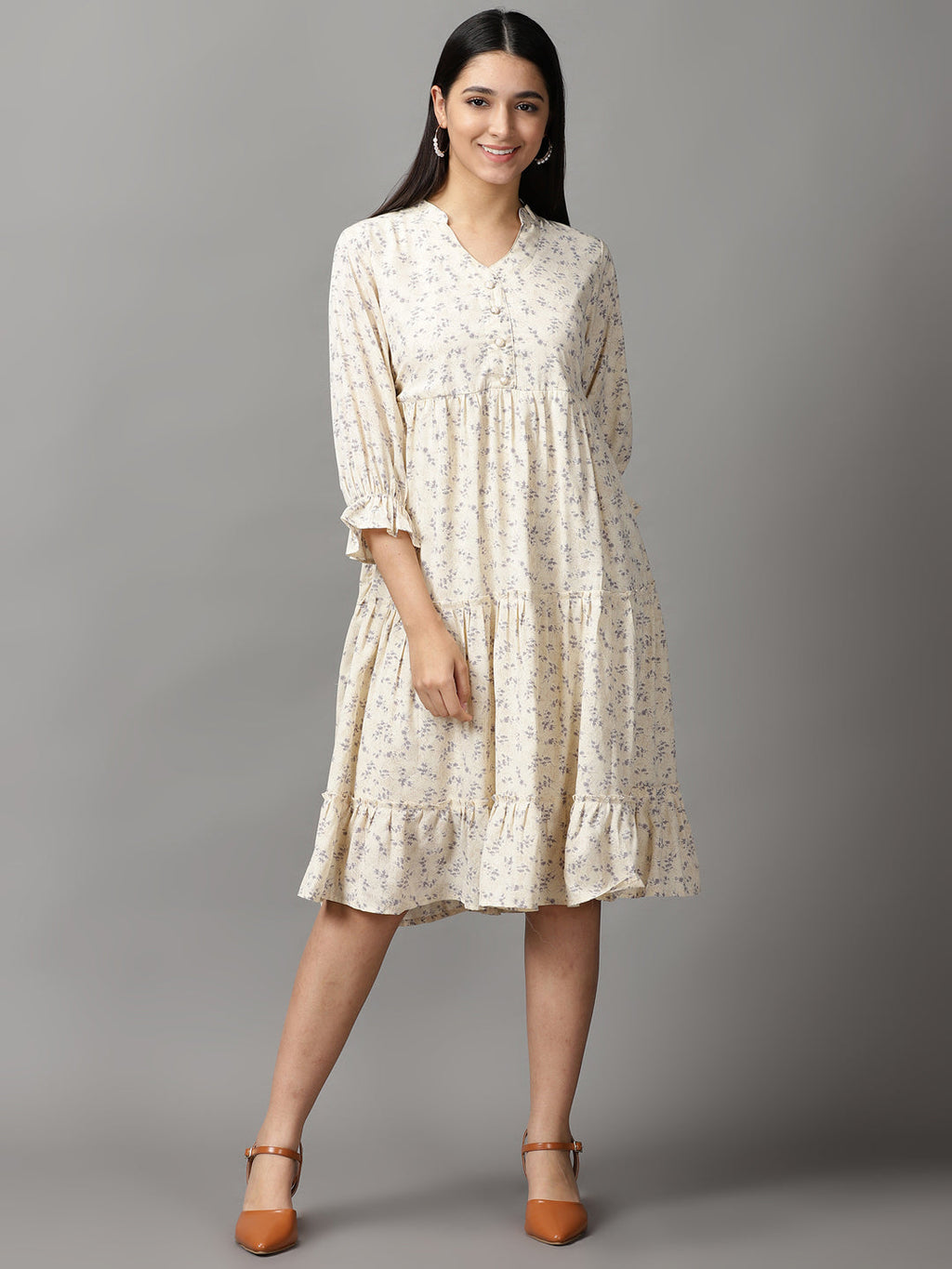 Women's Cream Chiffon Fit & Flare Dress