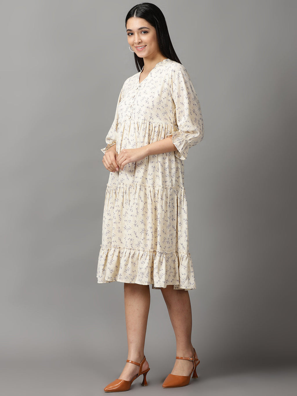 Women's Cream Chiffon Fit & Flare Dress