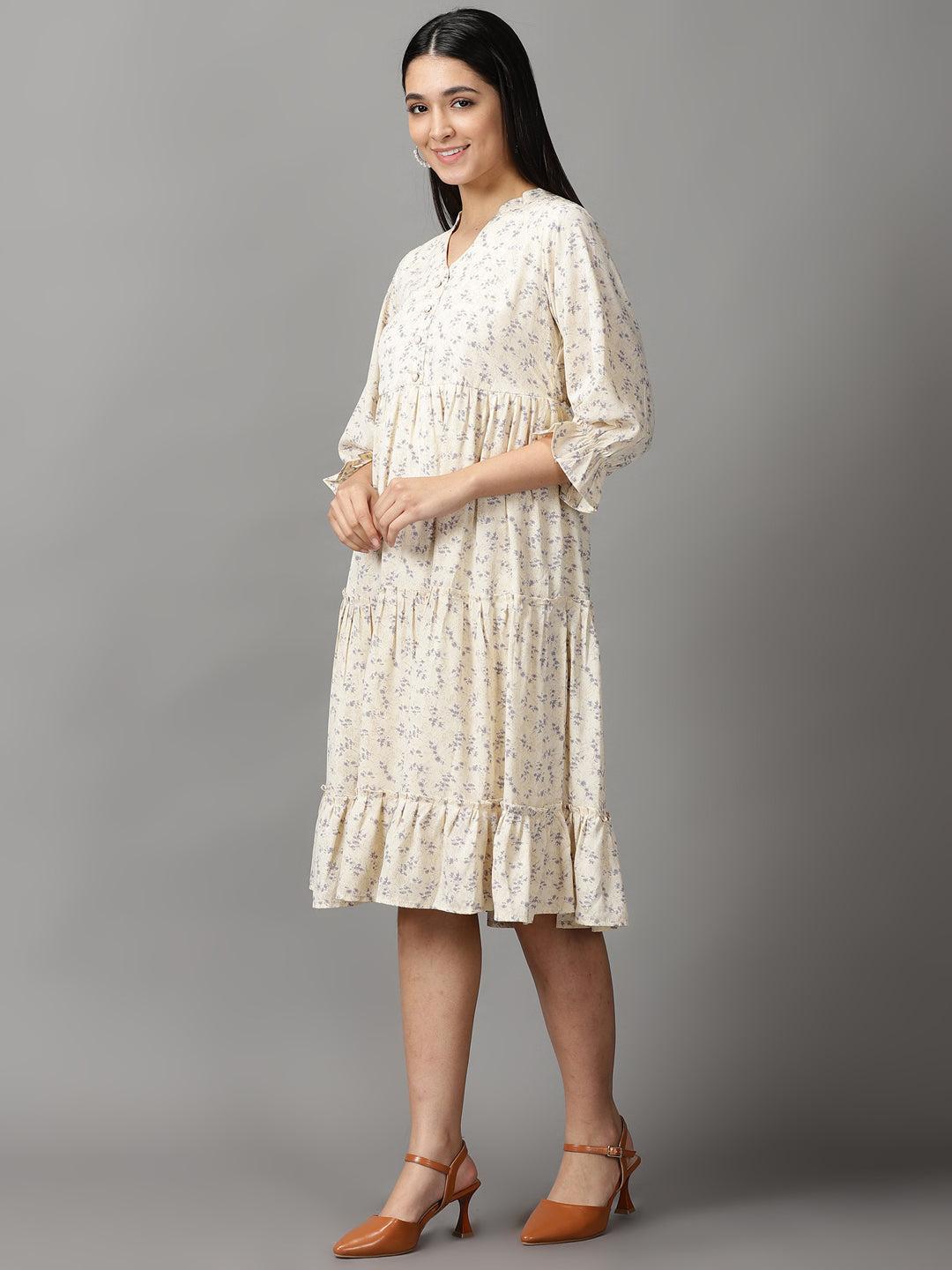 Women's Cream Chiffon Fit & Flare Dress
