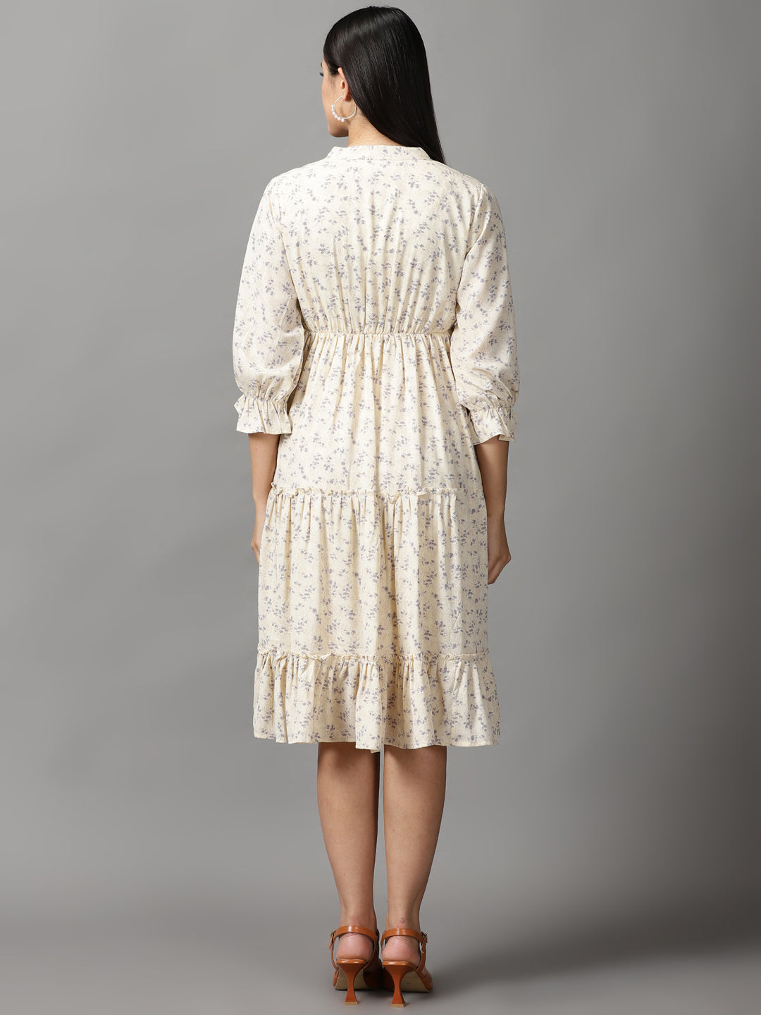 Women's Cream Chiffon Fit & Flare Dress