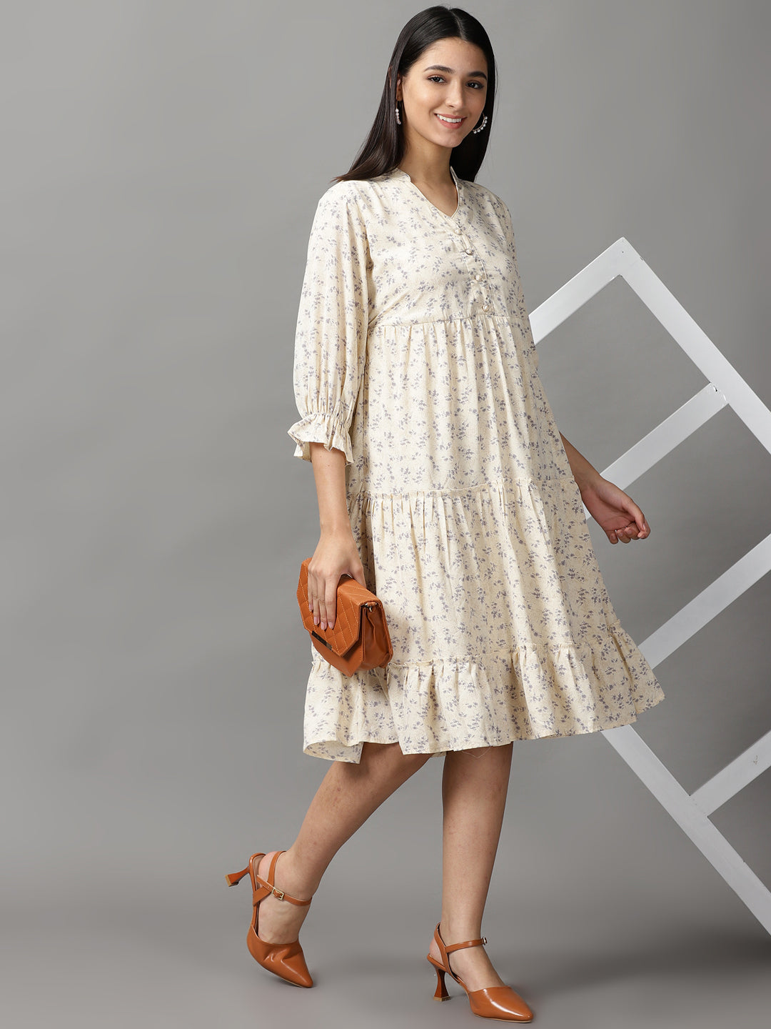 Women's Cream Chiffon Fit & Flare Dress