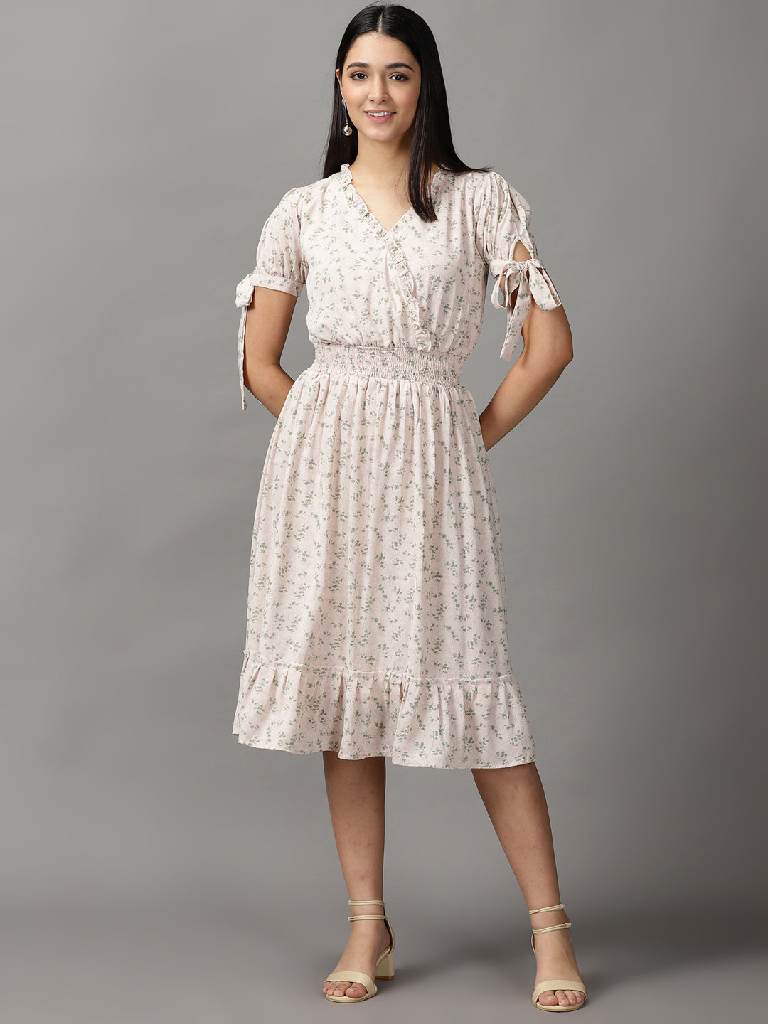 Women's Cream Chiffon Fit & Flare Dress