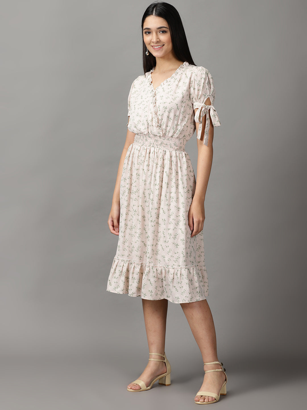 Women's Cream Chiffon Fit & Flare Dress