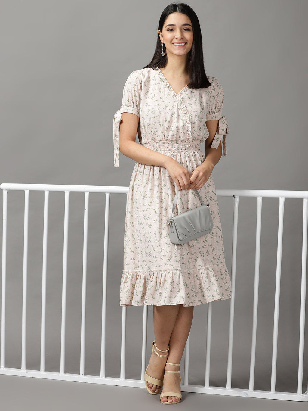 Women's Cream Chiffon Fit & Flare Dress