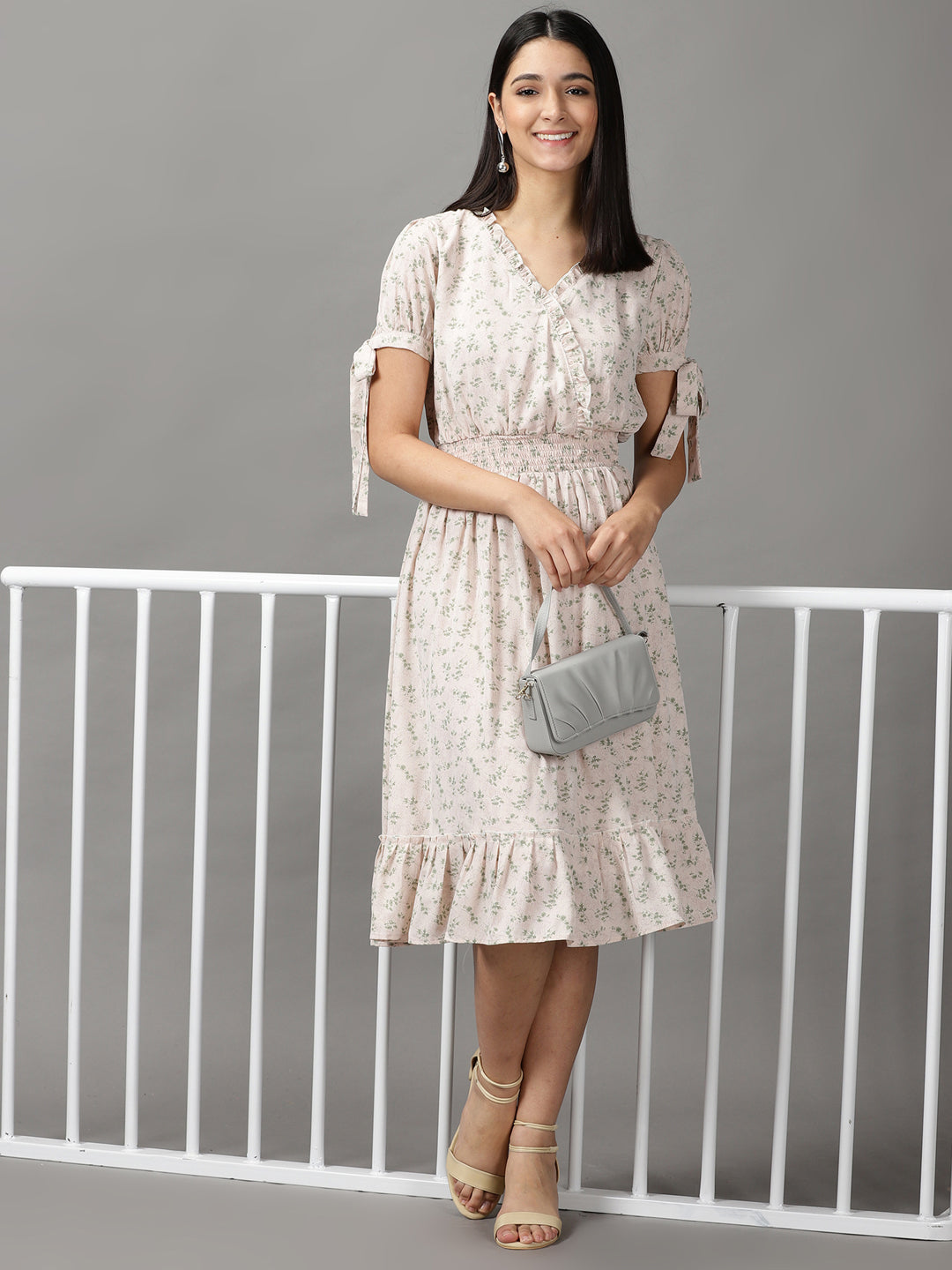 Women's Cream Chiffon Fit & Flare Dress