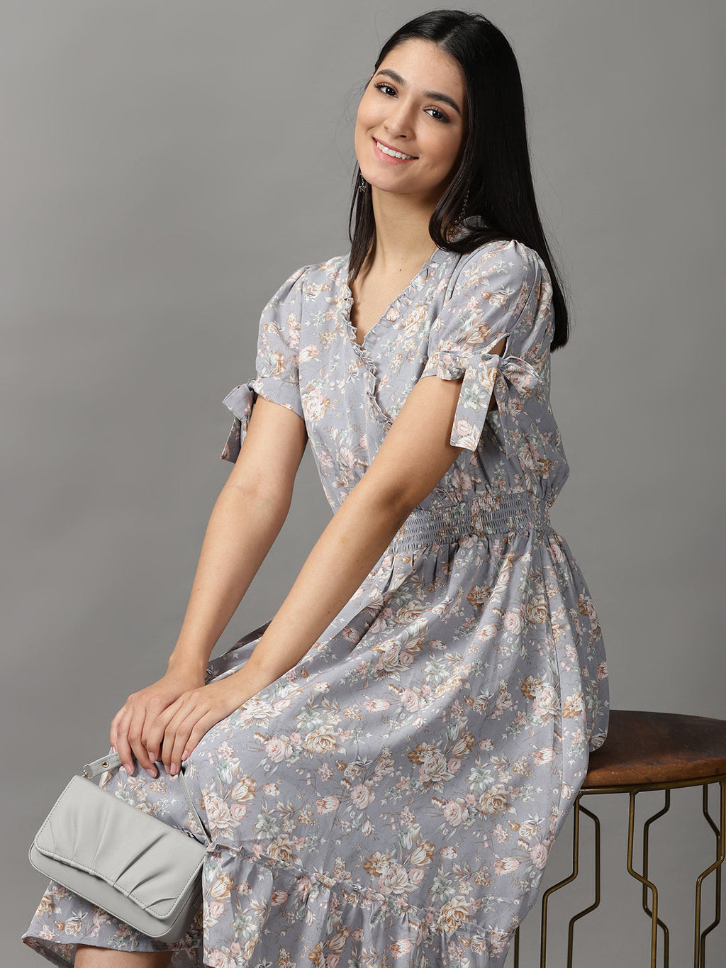 Women's Grey Floral Smocked Fit and Flare Midi Dress