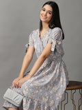 Women's Grey Floral Smocked Fit and Flare Midi Dress