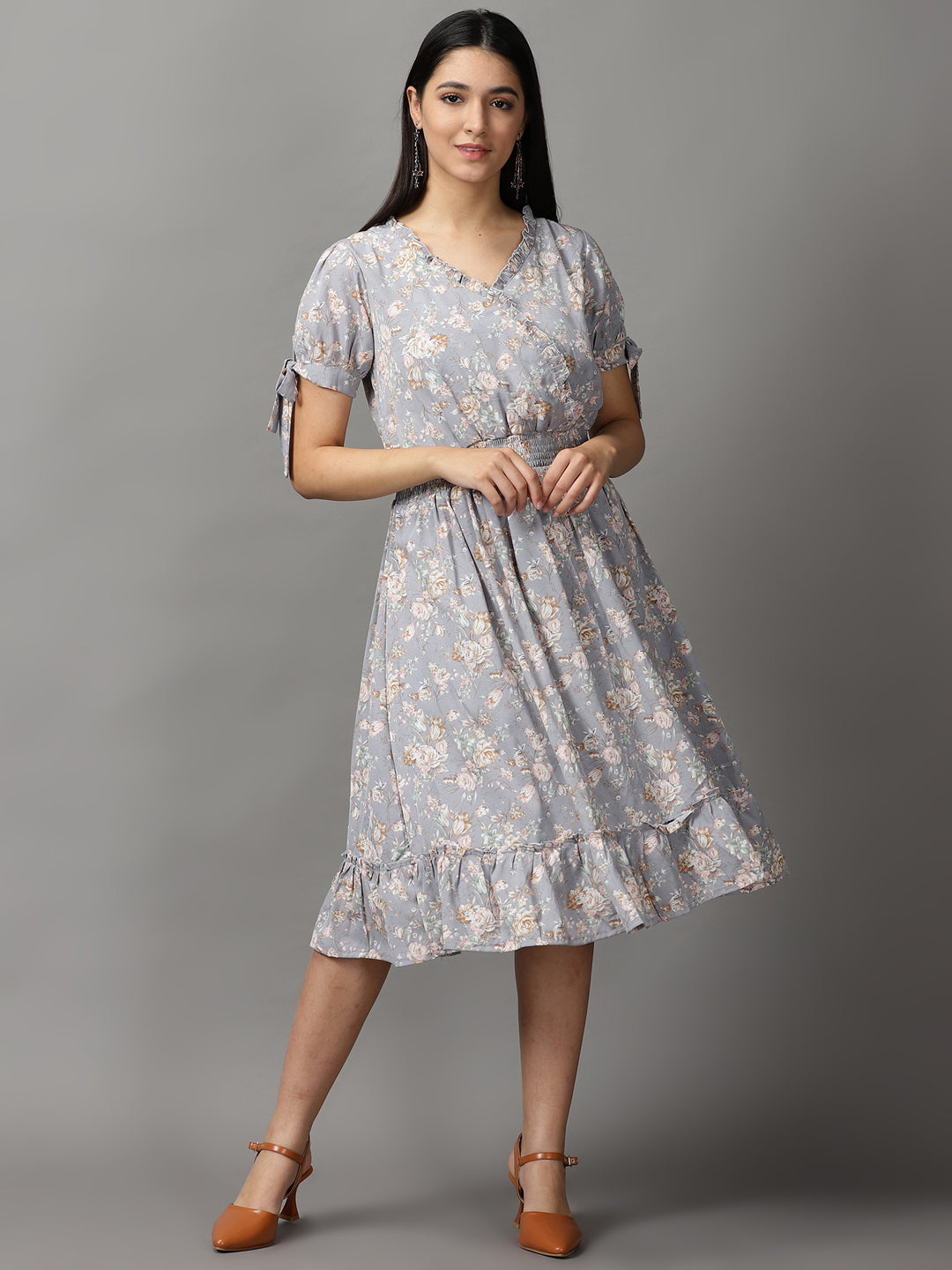 Women's Grey Floral Smocked Fit and Flare Midi Dress
