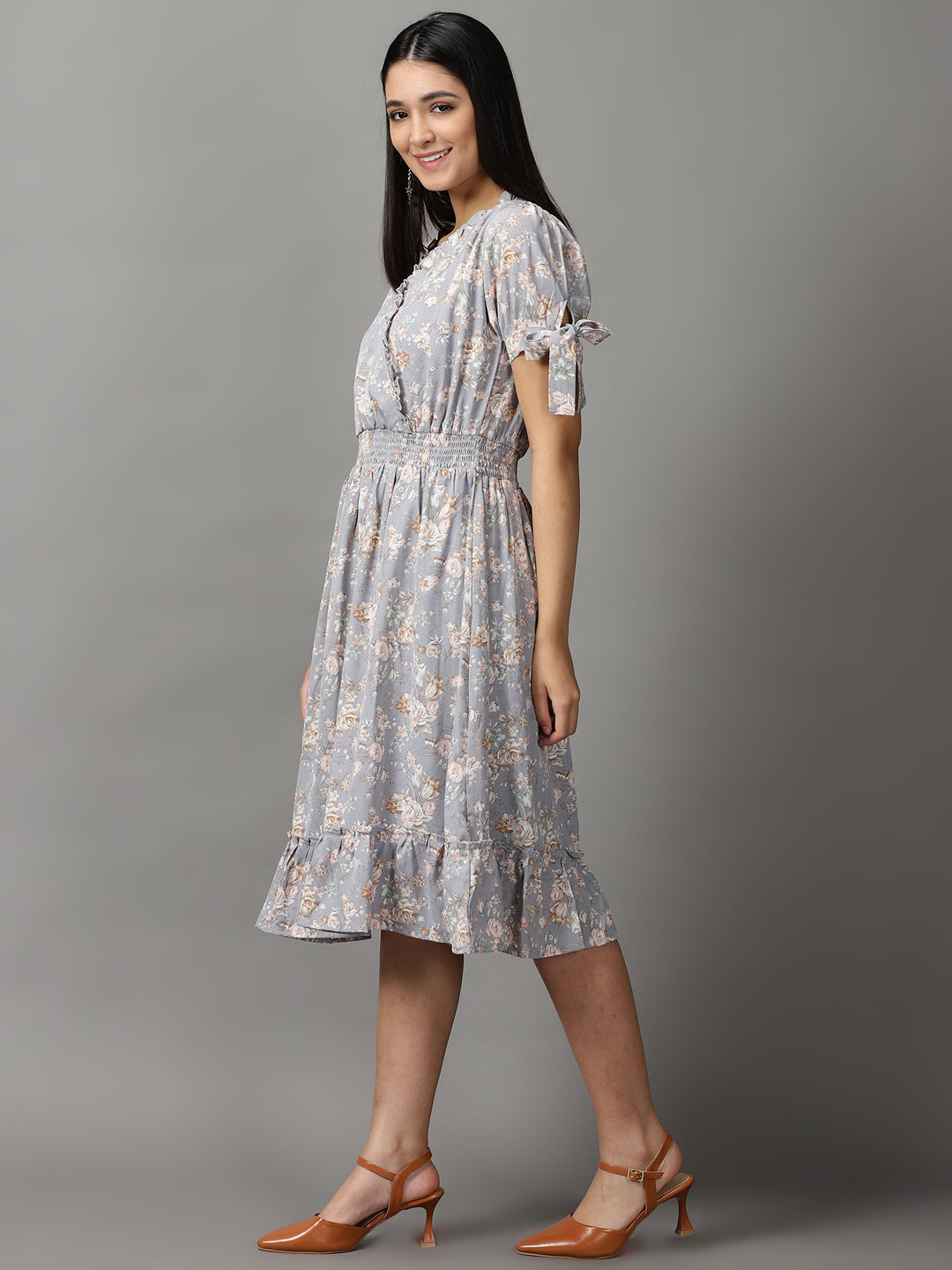 Women's Grey Floral Smocked Fit and Flare Midi Dress