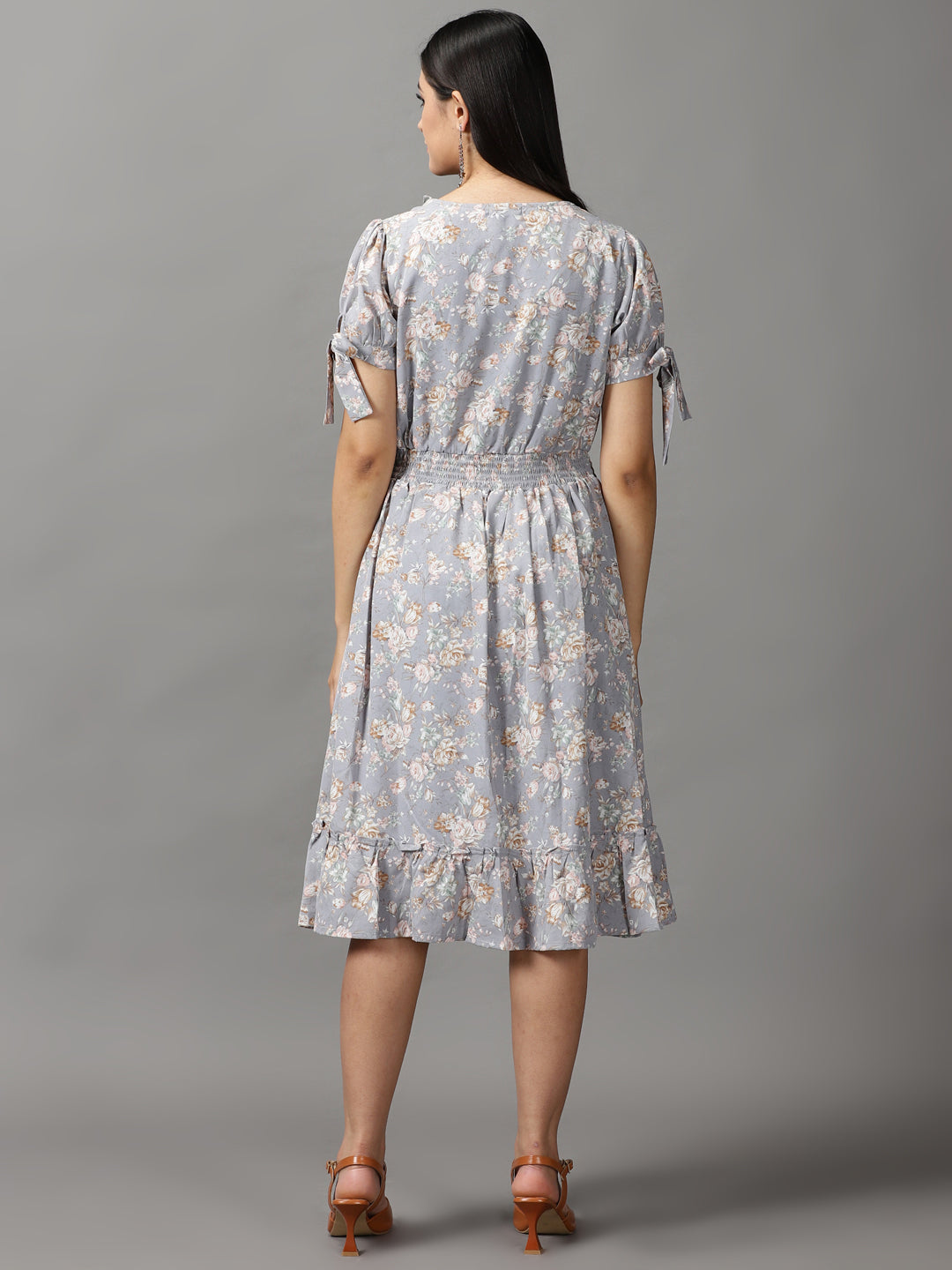 Women's Grey Floral Smocked Fit and Flare Midi Dress