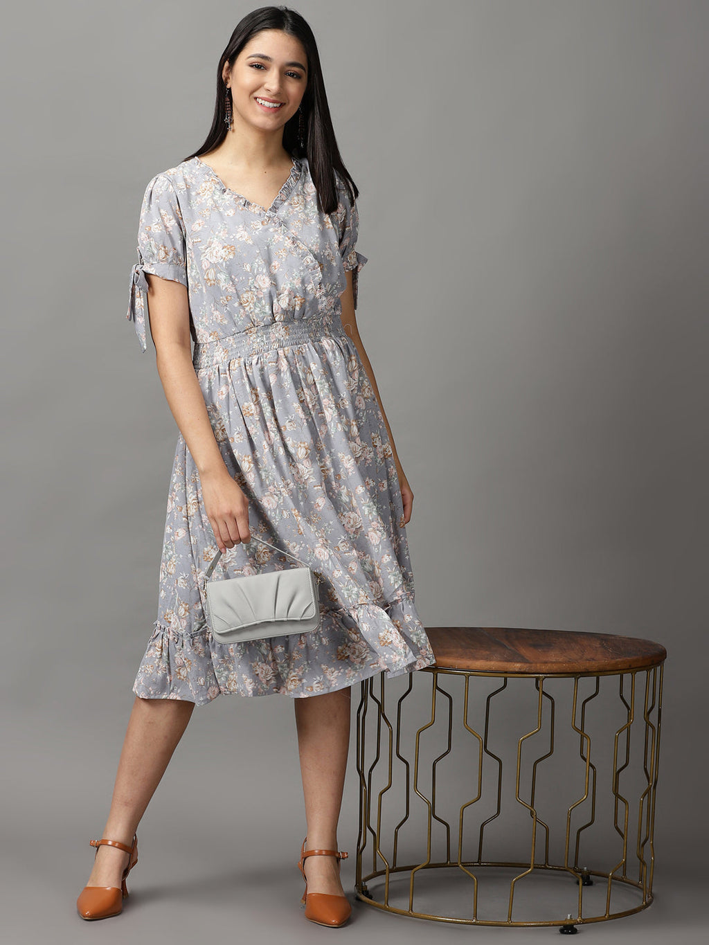 Women's Grey Floral Smocked Fit and Flare Midi Dress