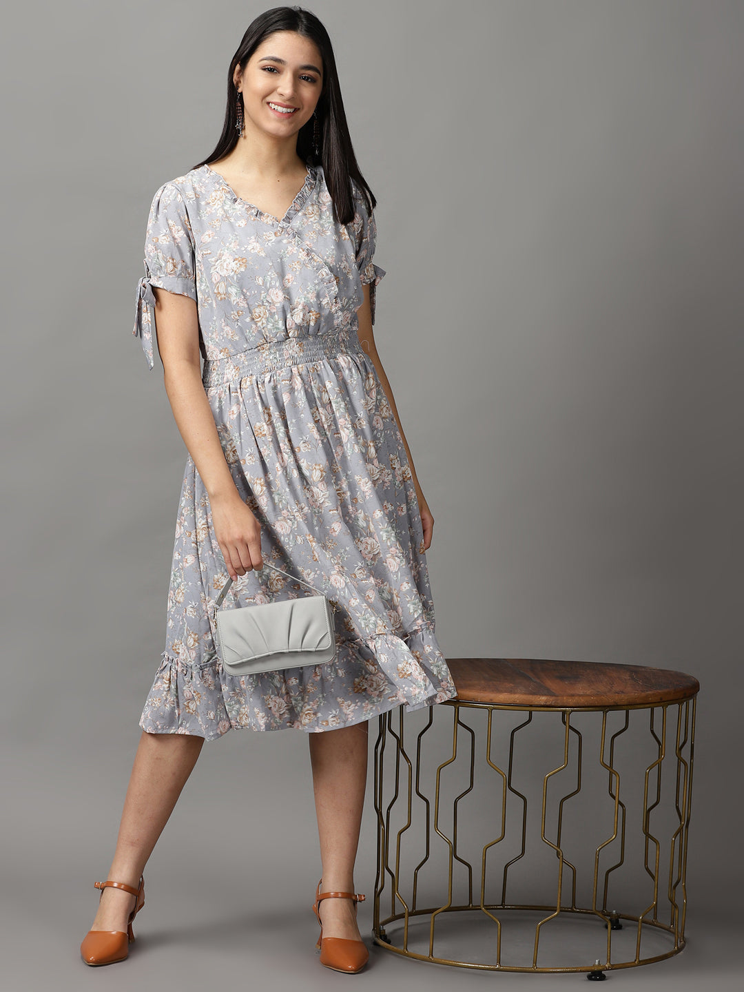 Women's Grey Floral Smocked Fit and Flare Midi Dress