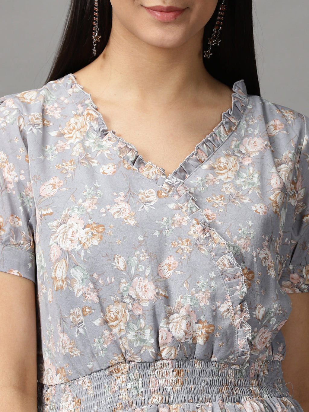 Women's Grey Floral Smocked Fit and Flare Midi Dress