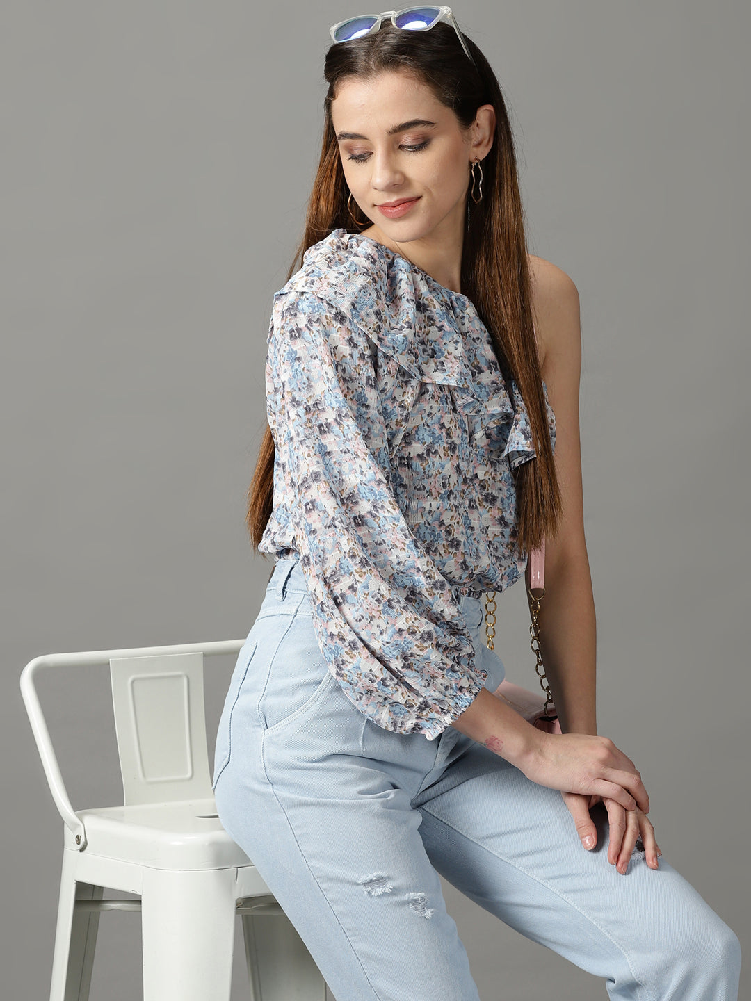 Women's Blue Floral Print One Shoulder Ruffles Chiffon Top