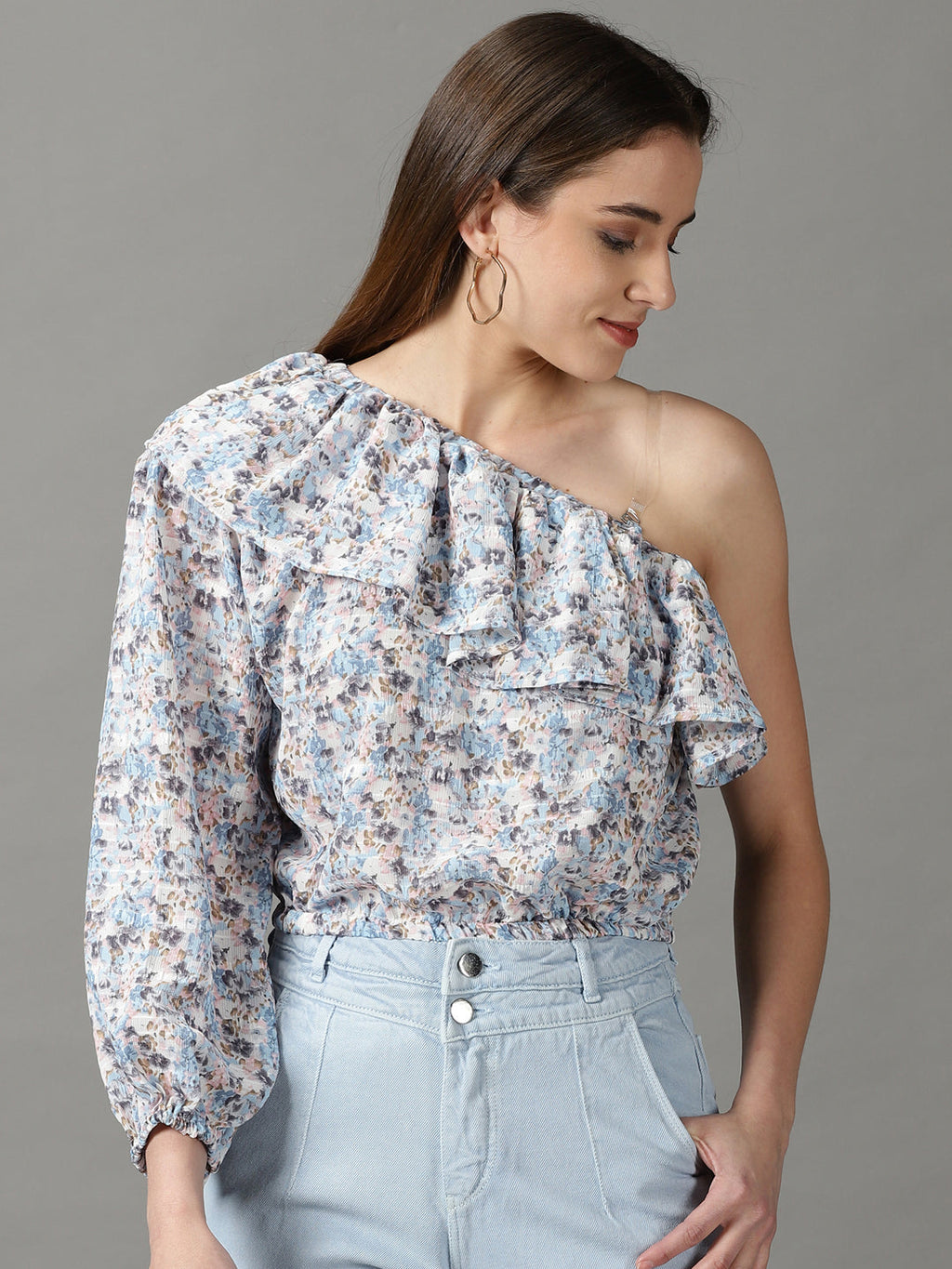 Women's Blue Floral Print One Shoulder Ruffles Chiffon Top