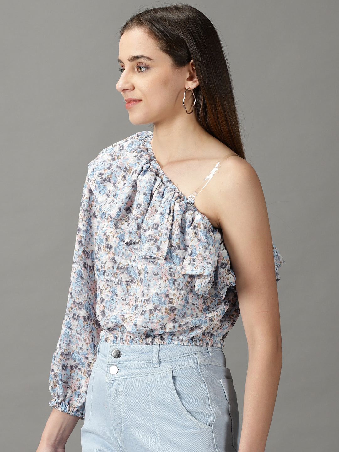 Women's Blue Floral Print One Shoulder Ruffles Chiffon Top