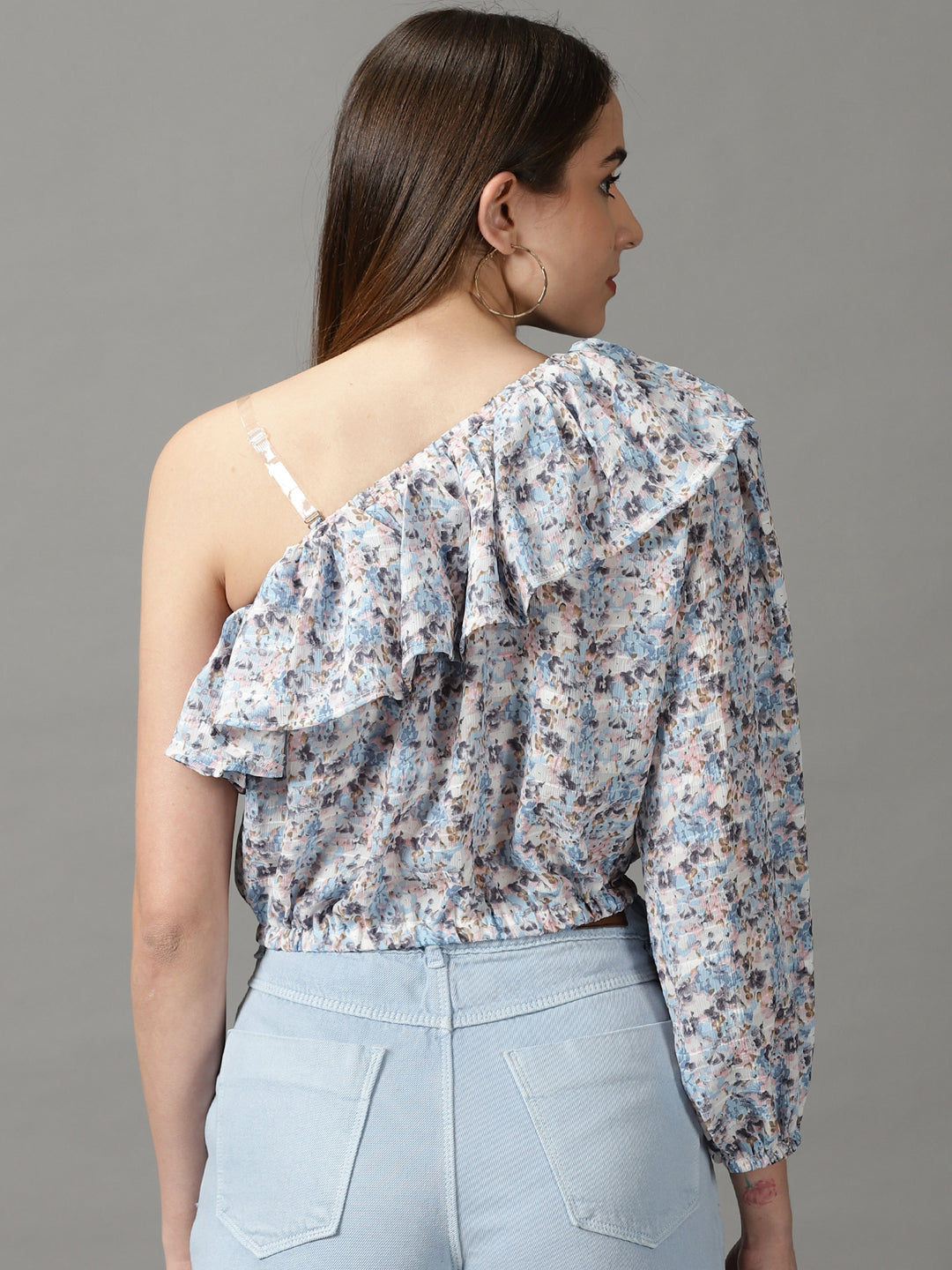 Women's Blue Floral Print One Shoulder Ruffles Chiffon Top