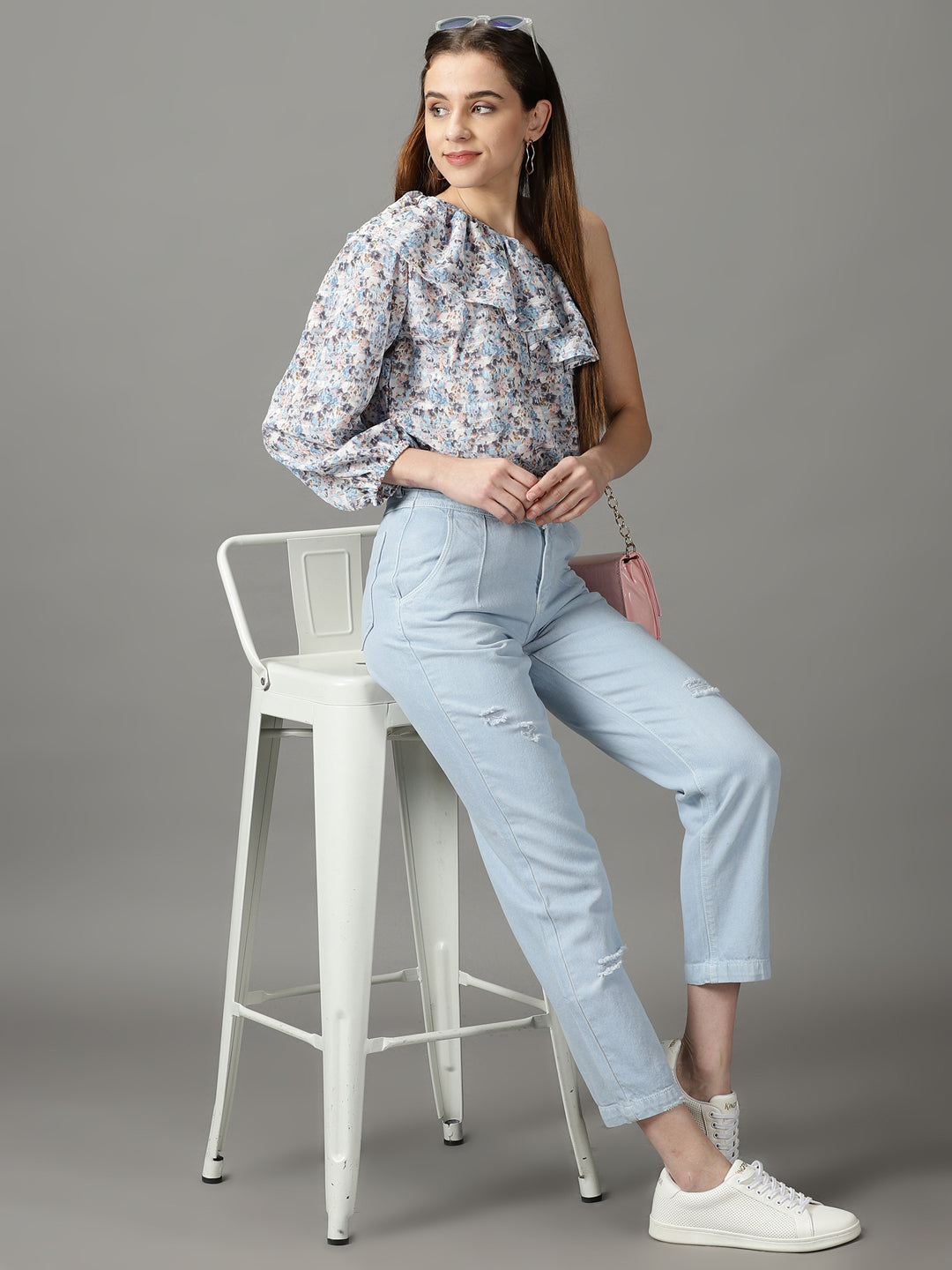 Women's Blue Floral Print One Shoulder Ruffles Chiffon Top