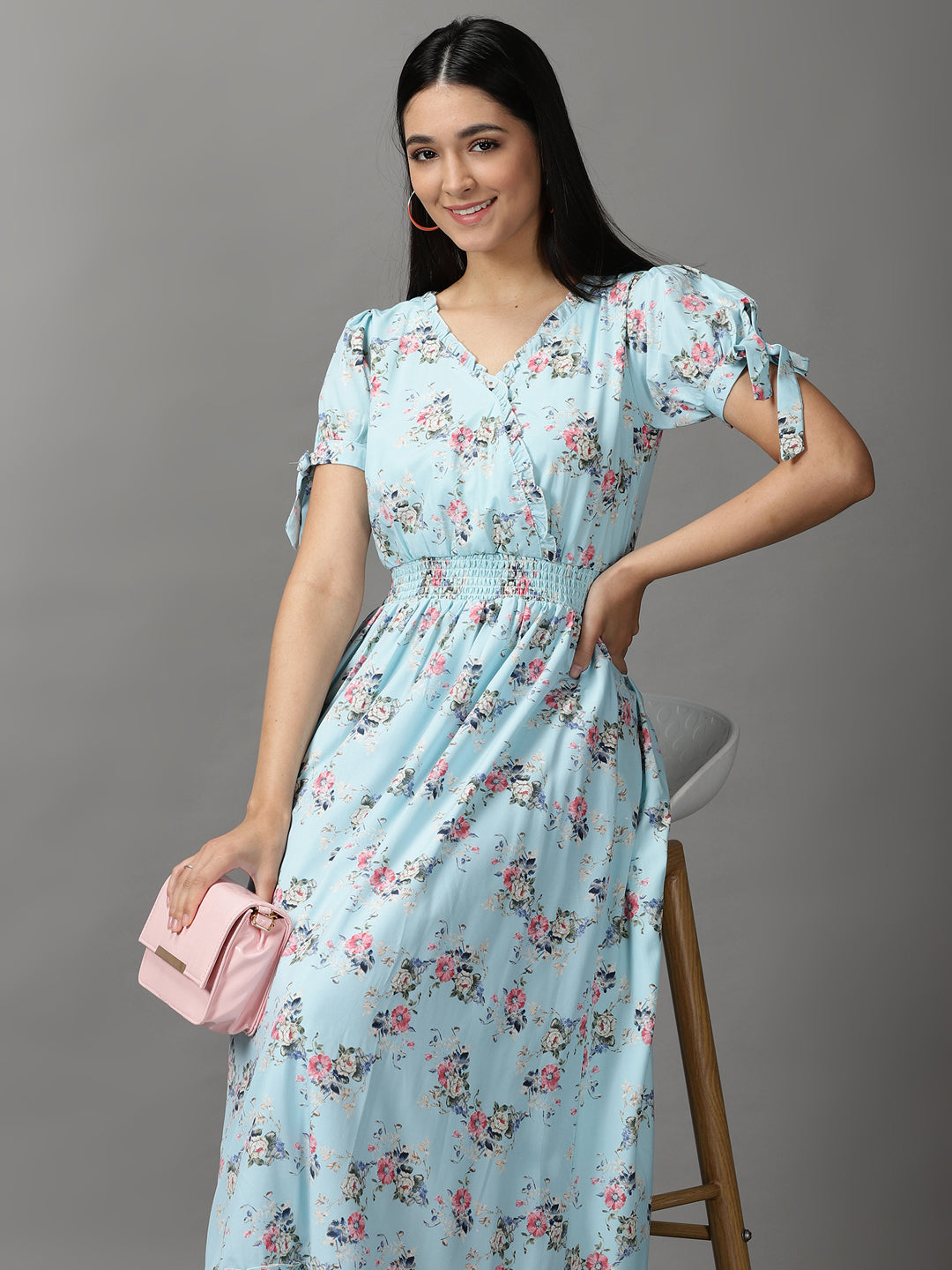 Women's Blue Floral Chiffon Fit & Flare Maxi Dress