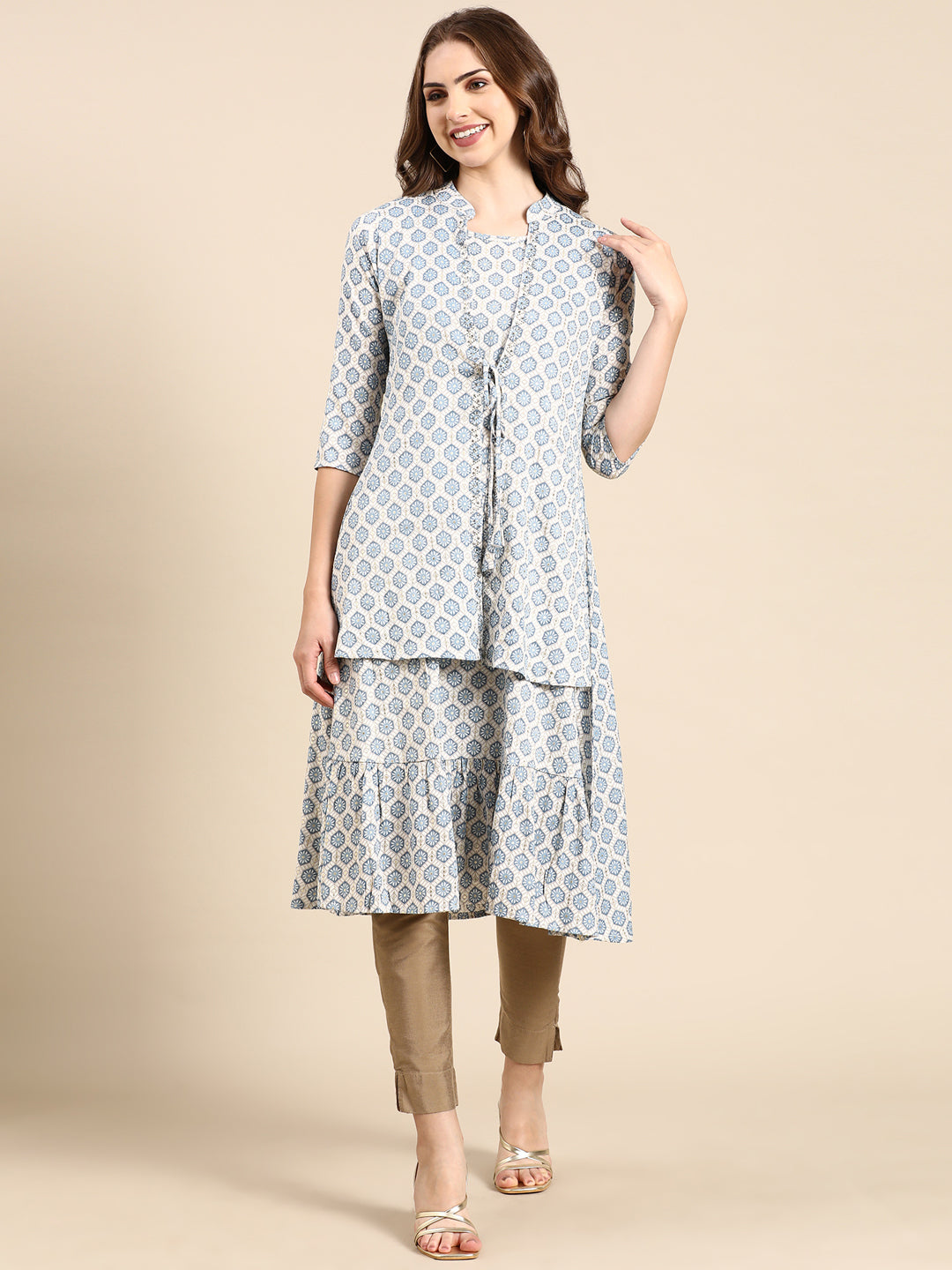 Women's Blue Ethnic Motifs Printed Layered A-Line Kurta