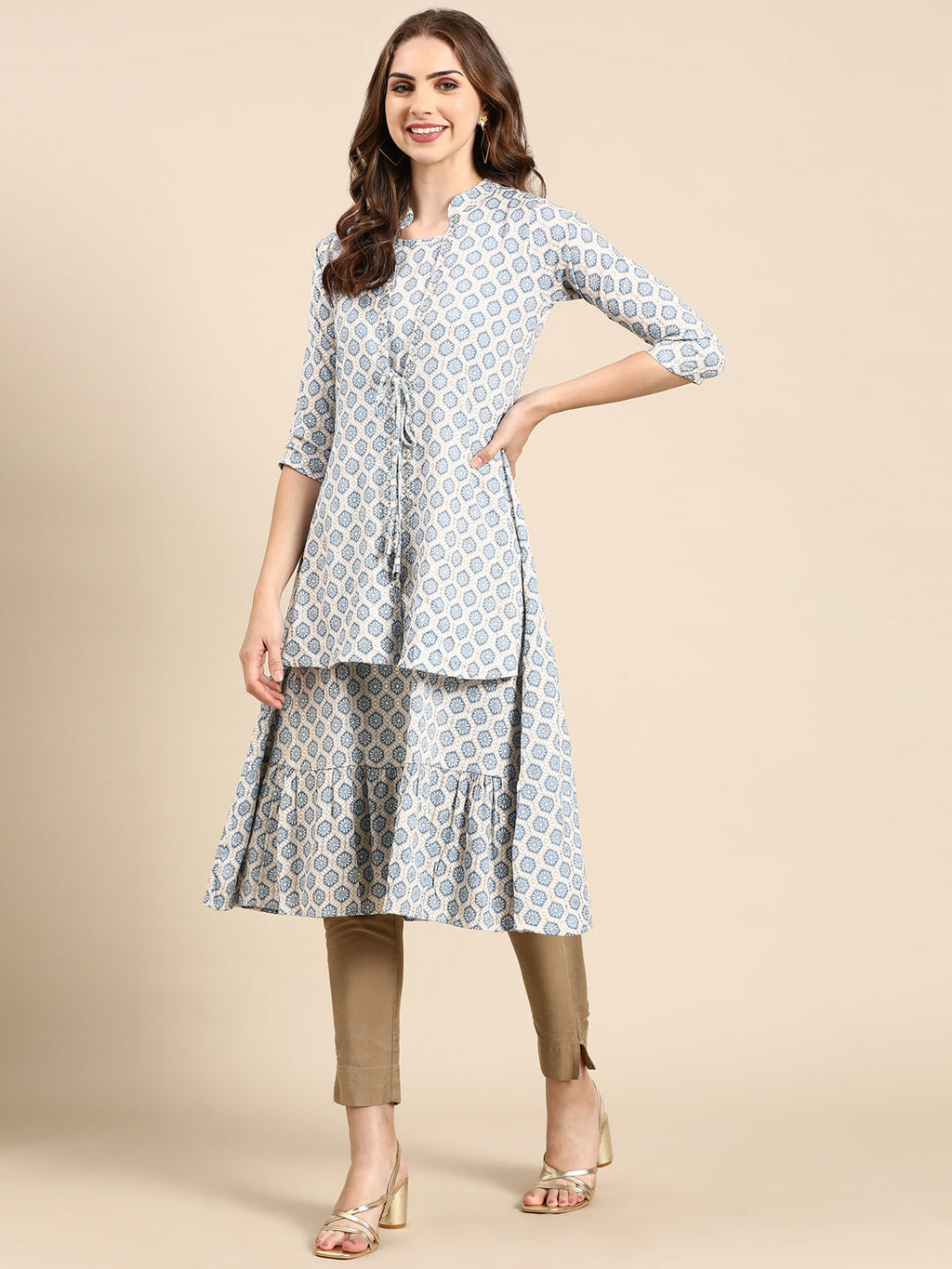 Women's Blue Ethnic Motifs Printed Layered A-Line Kurta