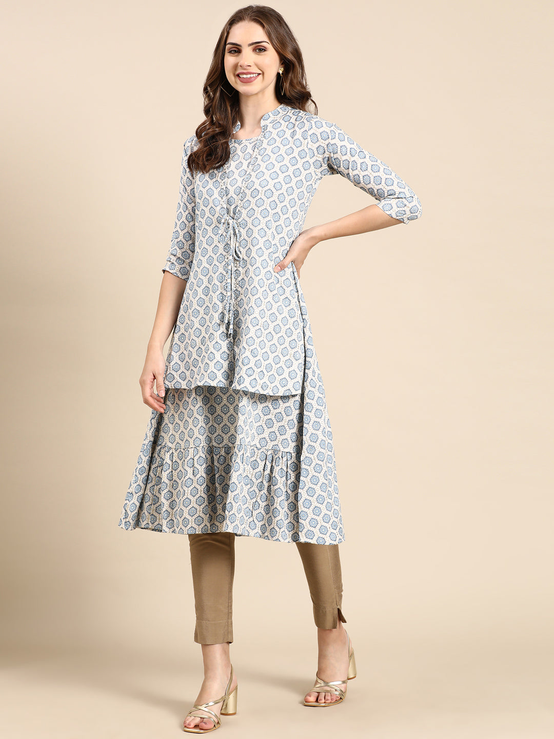 Women's Blue Ethnic Motifs Printed Layered A-Line Kurta