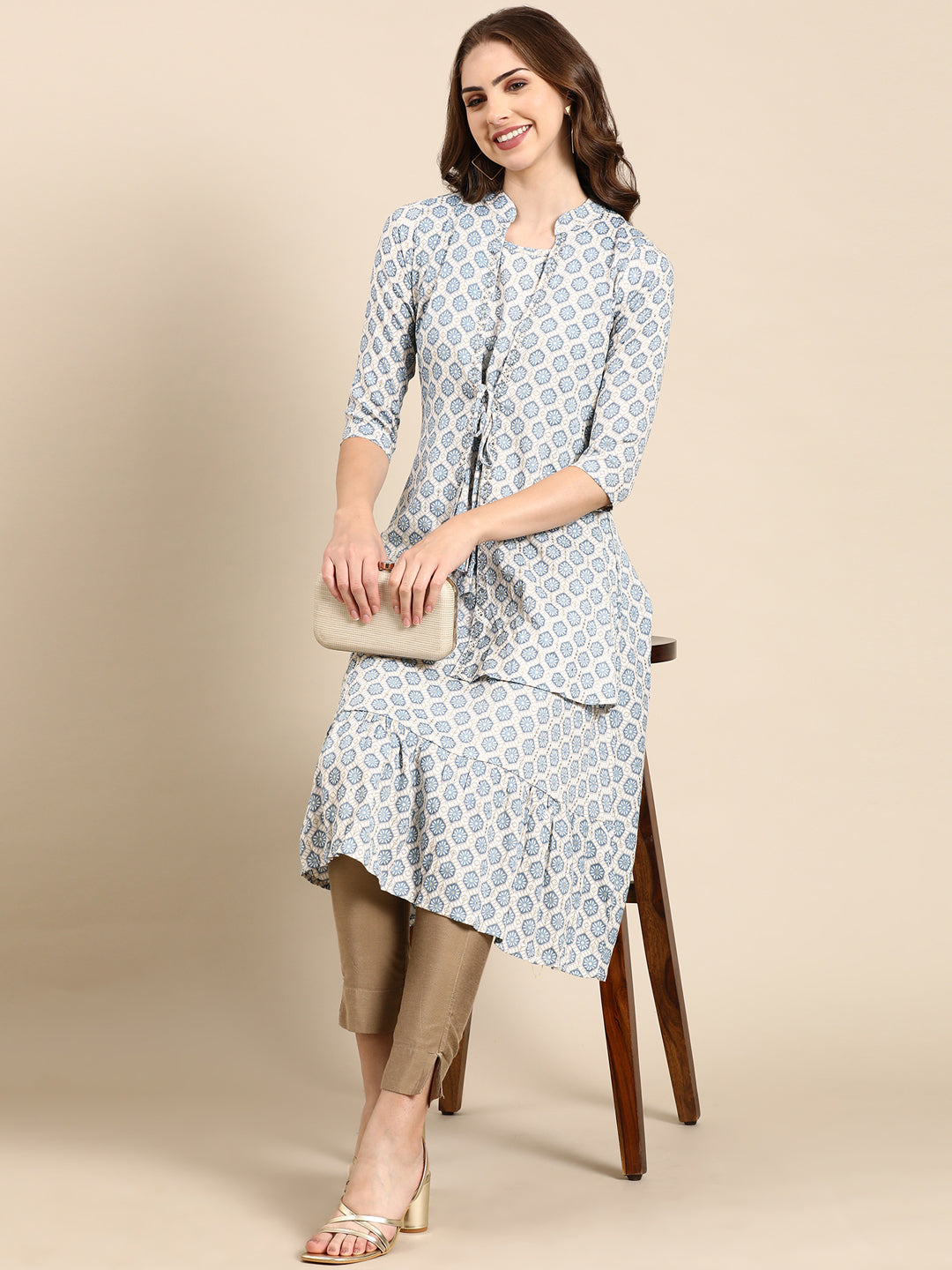 Women's Blue Ethnic Motifs Printed Layered A-Line Kurta