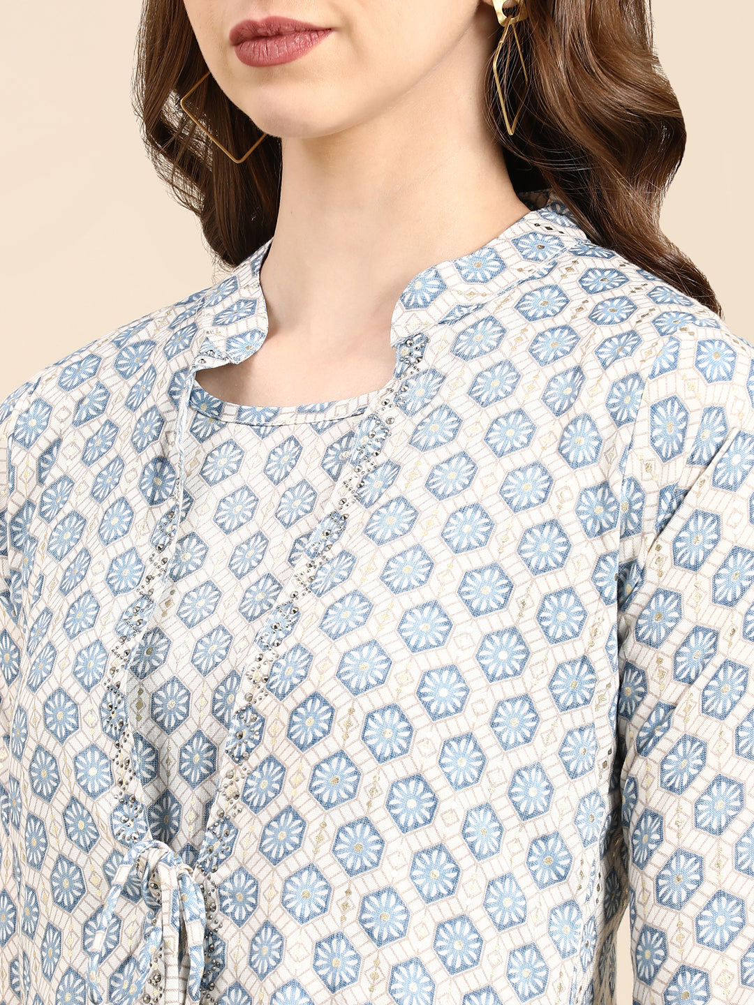 Women's Blue Ethnic Motifs Printed Layered A-Line Kurta