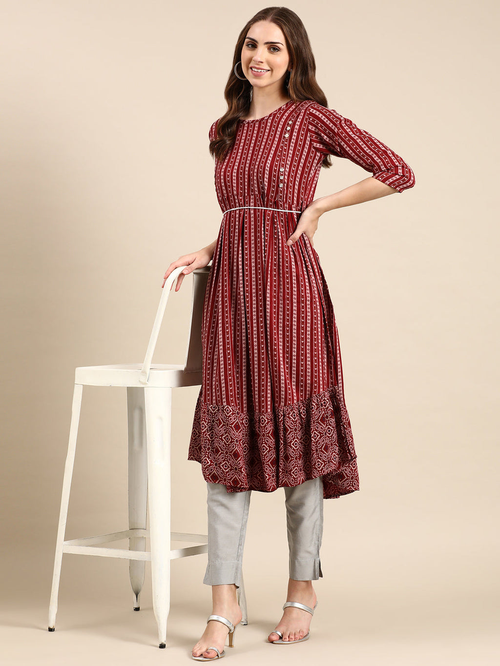 Women's Maroon Ethnic Motifs Printed Anarkali Kurta