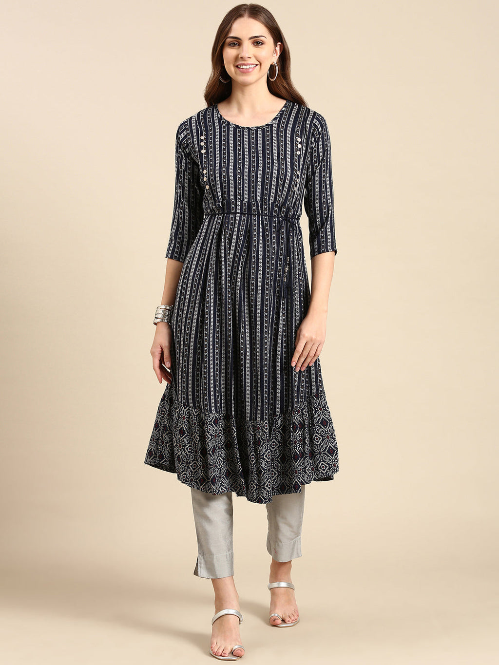 Women's Navy Blue Pleated Geometric Printed Anarkali Kurta