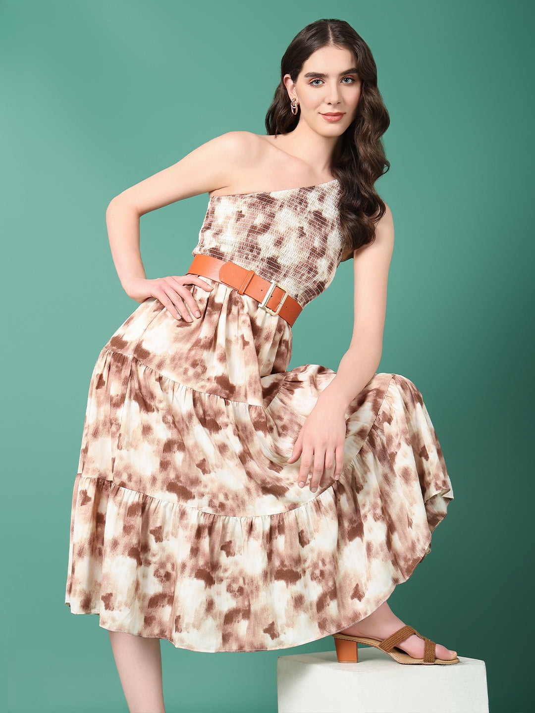 Women's Brown Dyed Fit and Flare Dress With Belt