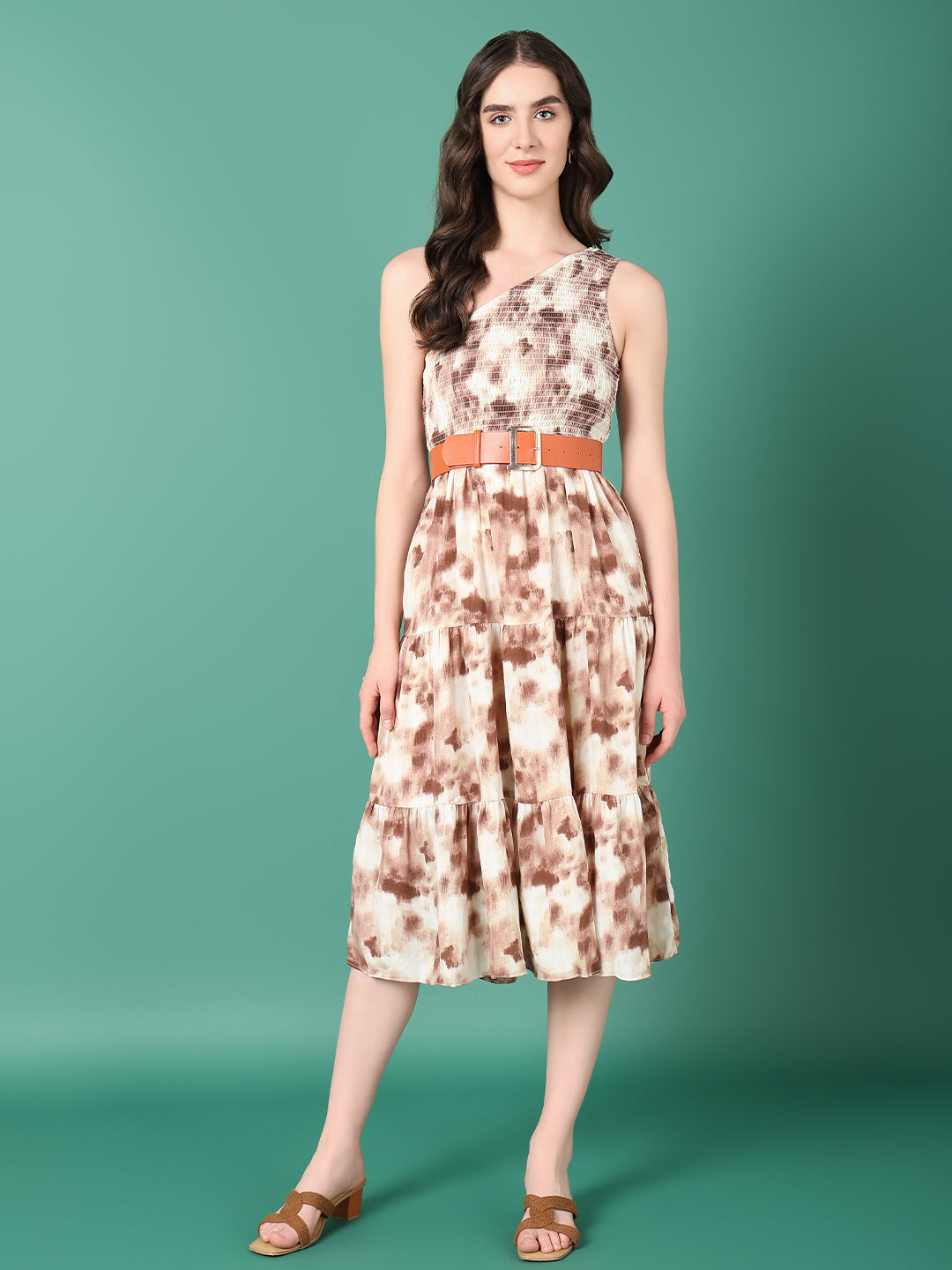 Women's Brown Dyed Fit and Flare Dress With Belt