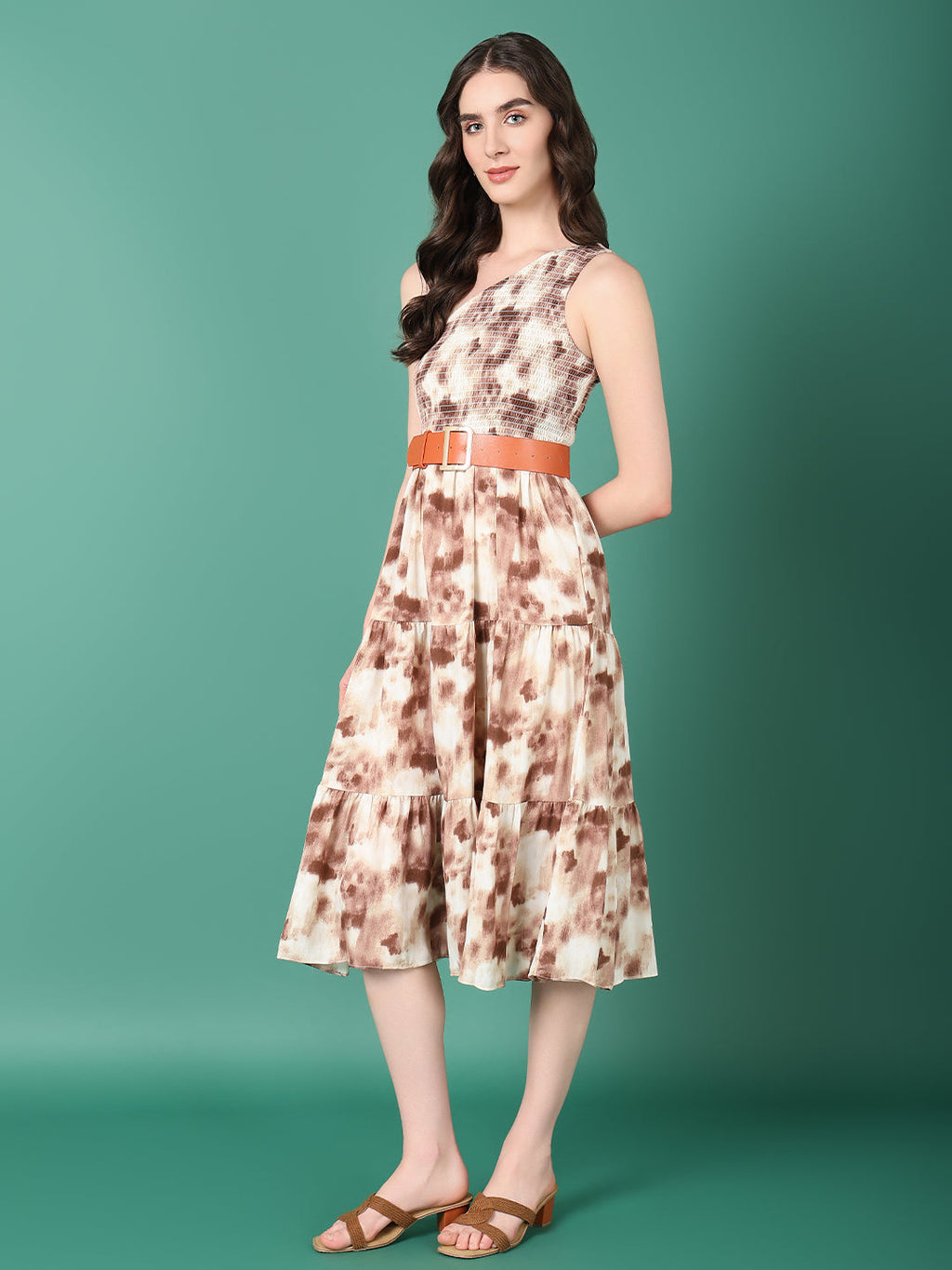 Women's Brown Dyed Fit and Flare Dress With Belt