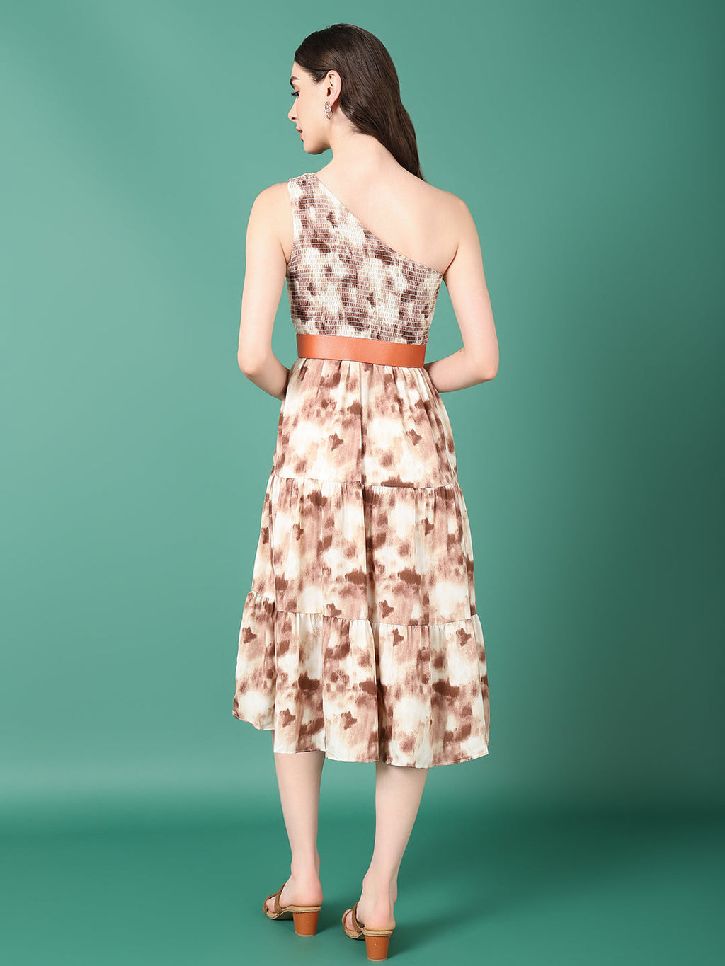 Women's Brown Dyed Fit and Flare Dress With Belt
