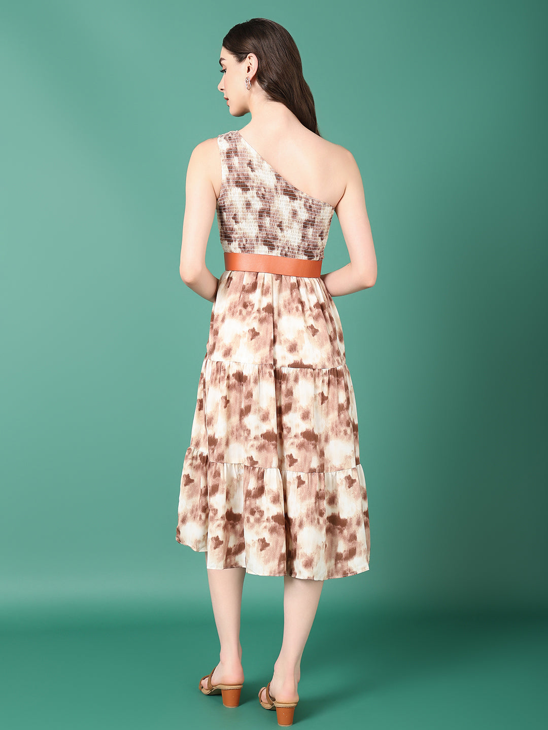Women's Brown Dyed Fit and Flare Dress With Belt