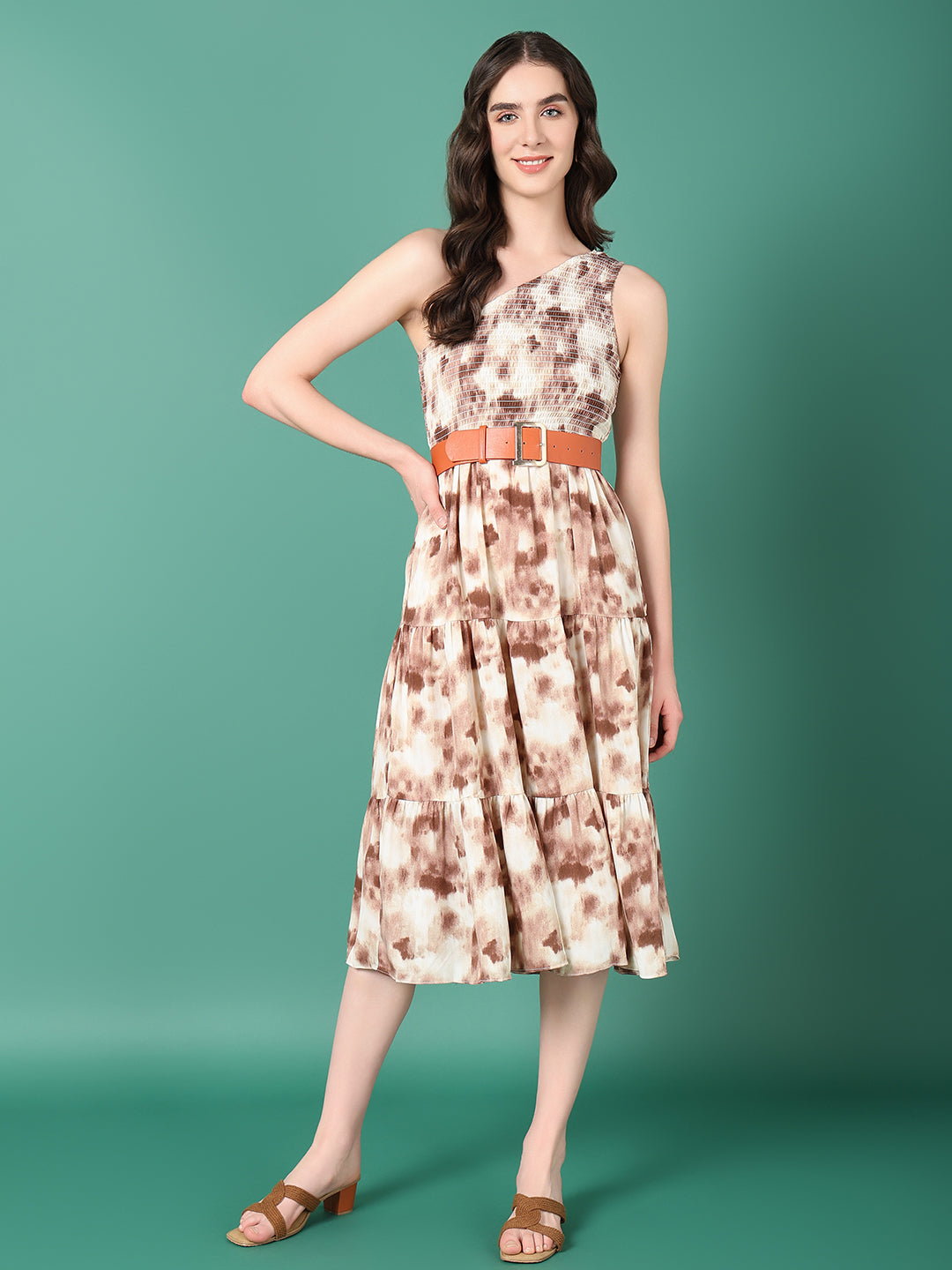 Women's Brown Dyed Fit and Flare Dress With Belt