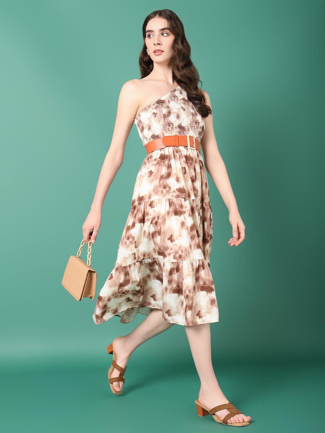 Women's Brown Dyed Fit and Flare Dress With Belt