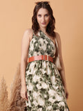 Women's Green Dyed Fit and Flare Dress With Belt